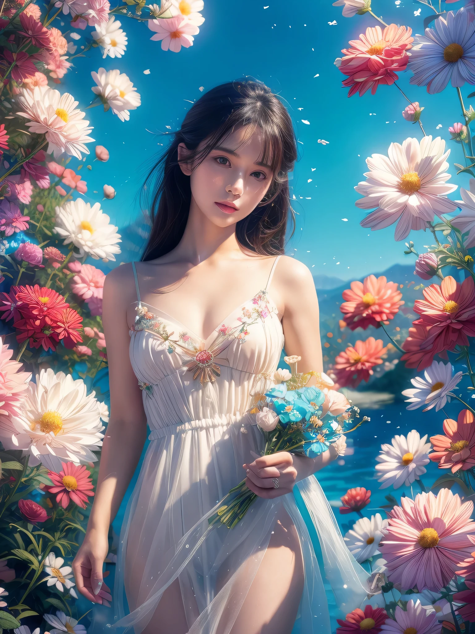 (Fashion magazine blockbuster:1.2),(attractive woman:1.3),(beautiful and delicate eyes:1.2),(Fashion clothing design:1.2),(Tulle texture:1.1),turquoise flowers,surrounded by flowers,Crystal clear dew,Fresh and elegant,(flowers blooming wildly:1.2),delicate buds,turquoise atmosphere, (masterpiece:1,2), best quality, masterpiece, high resolution, The original, Very detailed wallpaper, perfect lighting,(Extremely detailed CG:1.2)flowers,turquoise flowers,❀ 