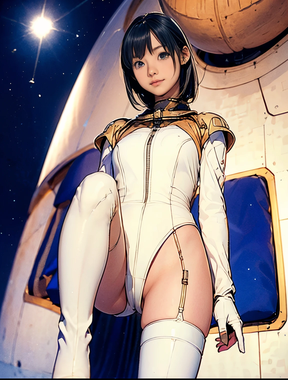 (masterpiece、best quality、Highest resolution、Clear_image、detailed details): (full body picture、15 year old girl、Japanese face、small face、thin、Navy blue super short bob、blue eyes、Blue and Black Shiny Aviator Suit、Armor that protects the chest、tight clothes、Clothes that cover the whole body、leggings、Very delicate and beautiful、hide thighs、hide your ass、Cute type、gentle smile、soft expression、earphone、knee high boots、Gloves come to elbow length、Shooting at eye level、face directly、woman on spaceship), (((camel toe))), ((Plain white tights))