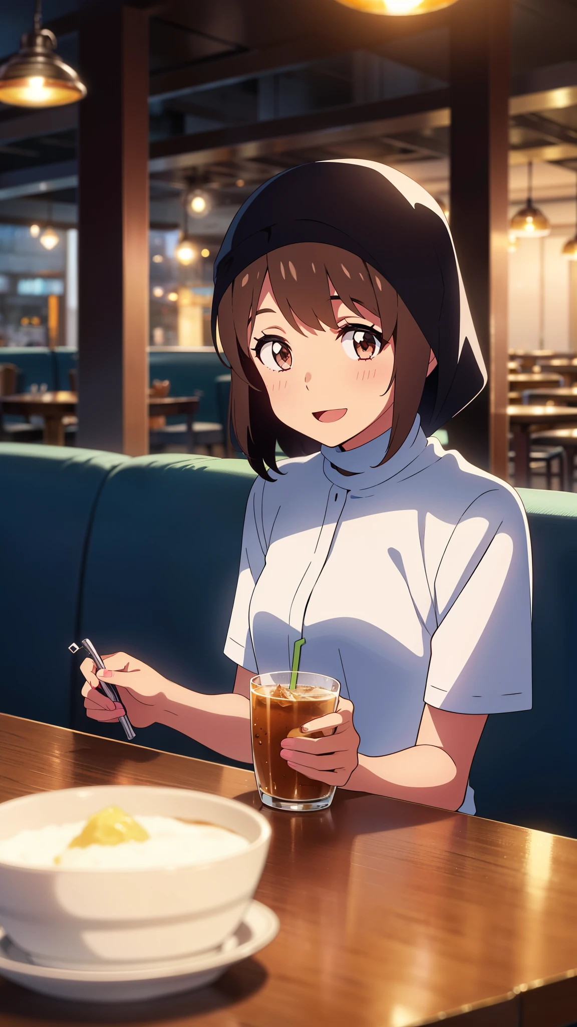 shinkai makoto, kimi no na wa., 1girl, bangs, black hair, short hair, ((wearing islamic hijab)), blush, bright eyes, brown eyes, red bow, smile, cute, open mouth, :D, beautiful, shiny skin, solo, looking at the viewer, shirt, white shirt, short sleeves, black skirt, long skirt, evening, sunset, cloudy, dynamic lights, indoors, restaurant, resto, cafe, foods and drinks, table and chair, sitting, eating, drinking