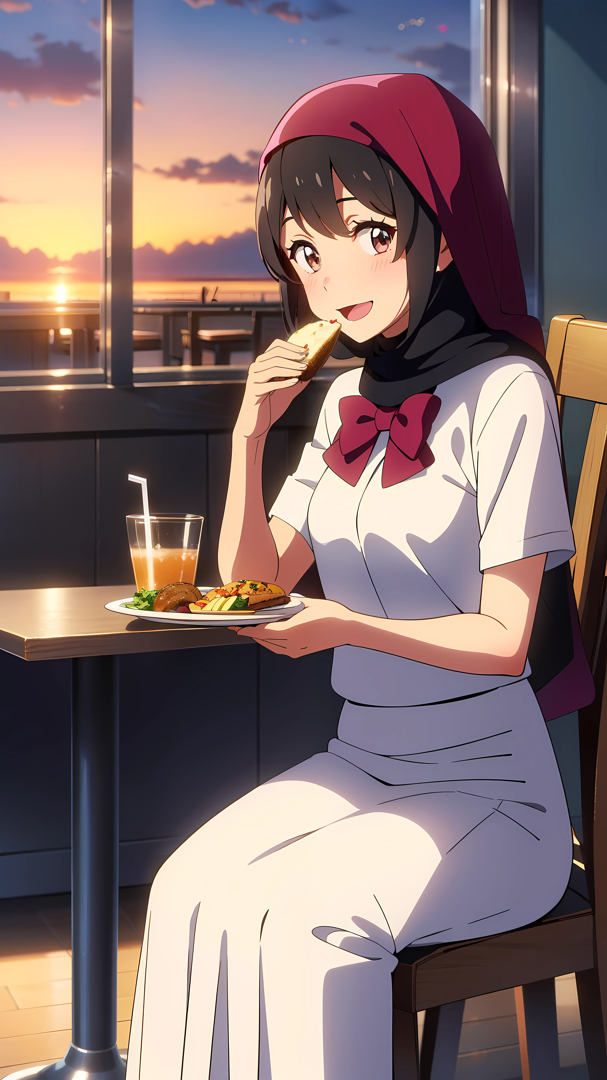 shinkai makoto, kimi no na wa., 1girl, bangs, black hair, short hair, ((wearing islamic hijab)), blush, bright eyes, brown eyes, red bow, smile, cute, beautiful, shiny skin, solo, looking at the viewer, shirt, white shirt, short sleeves, black skirt, long skirt, evening, sunset, cloudy, dynamic lights, indoors, restaurant, resto, cafe, foods and drinks, table and chair, eating, open mouth, :D, sitting