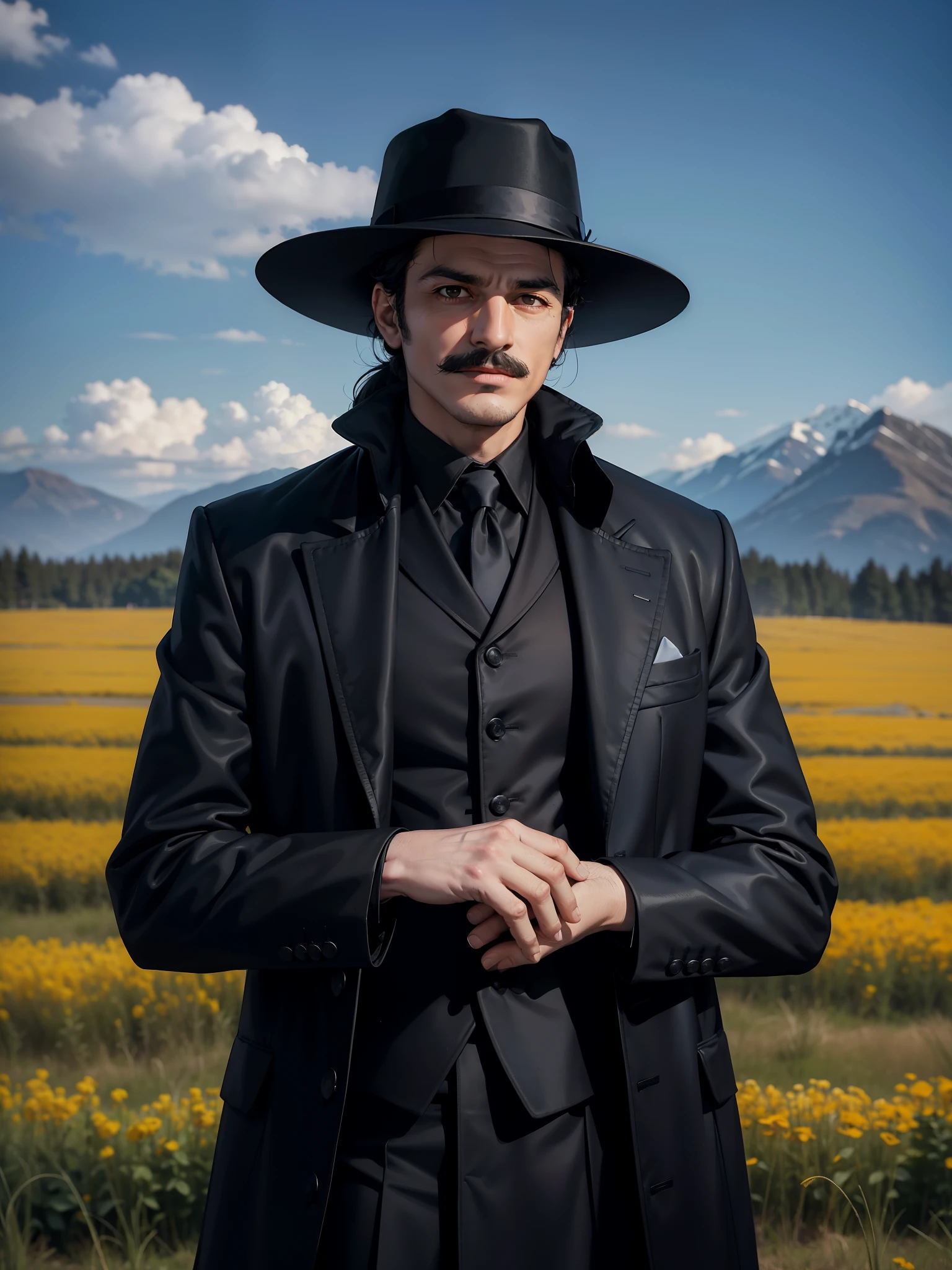 arafed man in a black coat and hat standing in a field, an album cover inspired by Cristache Gheorghiu, flickr, fantastic realism, scene from the movie godfather, the godfather, navid negahban, clean from scene from twin peaks, handsome man, godfather, a suited man in a hat, 1982 color fellini film