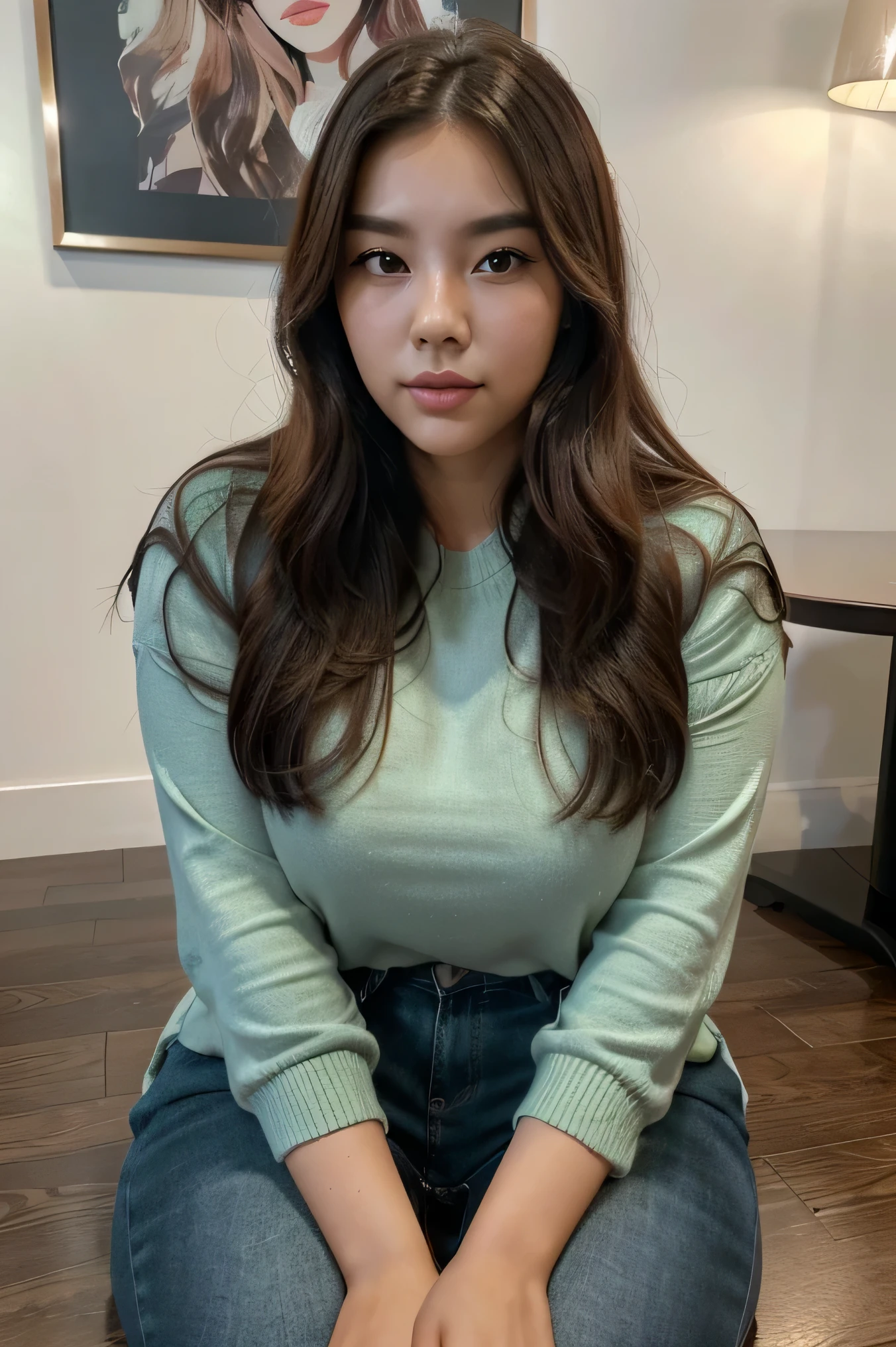 (melhor qualidade:1.2, high resolution), mulher coreana plus size, cabelo solto, lindos olhos detalhados, beautiful detailed lips, cores vibrantes, atmosfera acolhedora, design de interiores moderno, natural lighting, roupa da moda, confident expression, sentado em uma mesa.