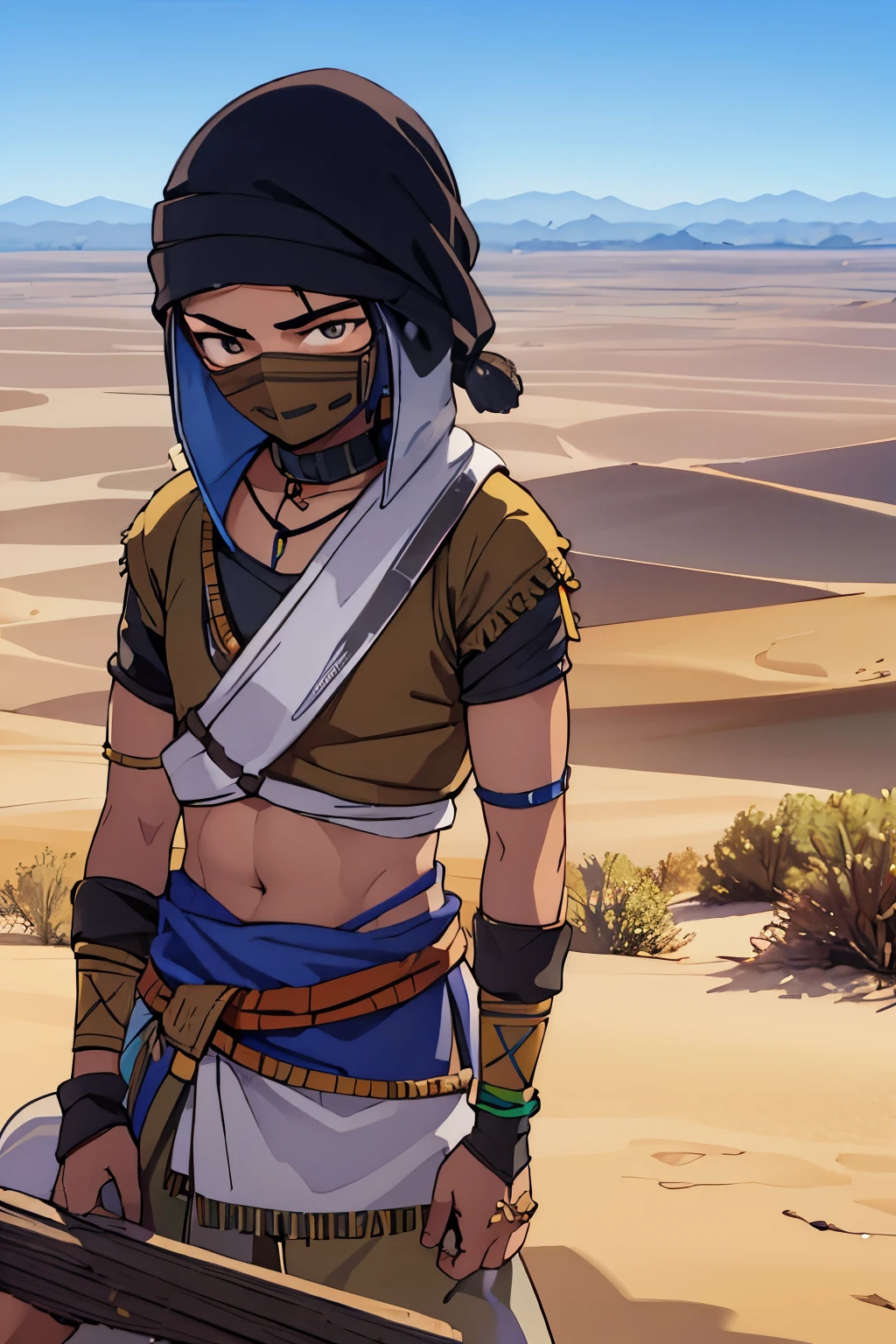 ((Indian bandit facing left,Leaning down,back,desert background