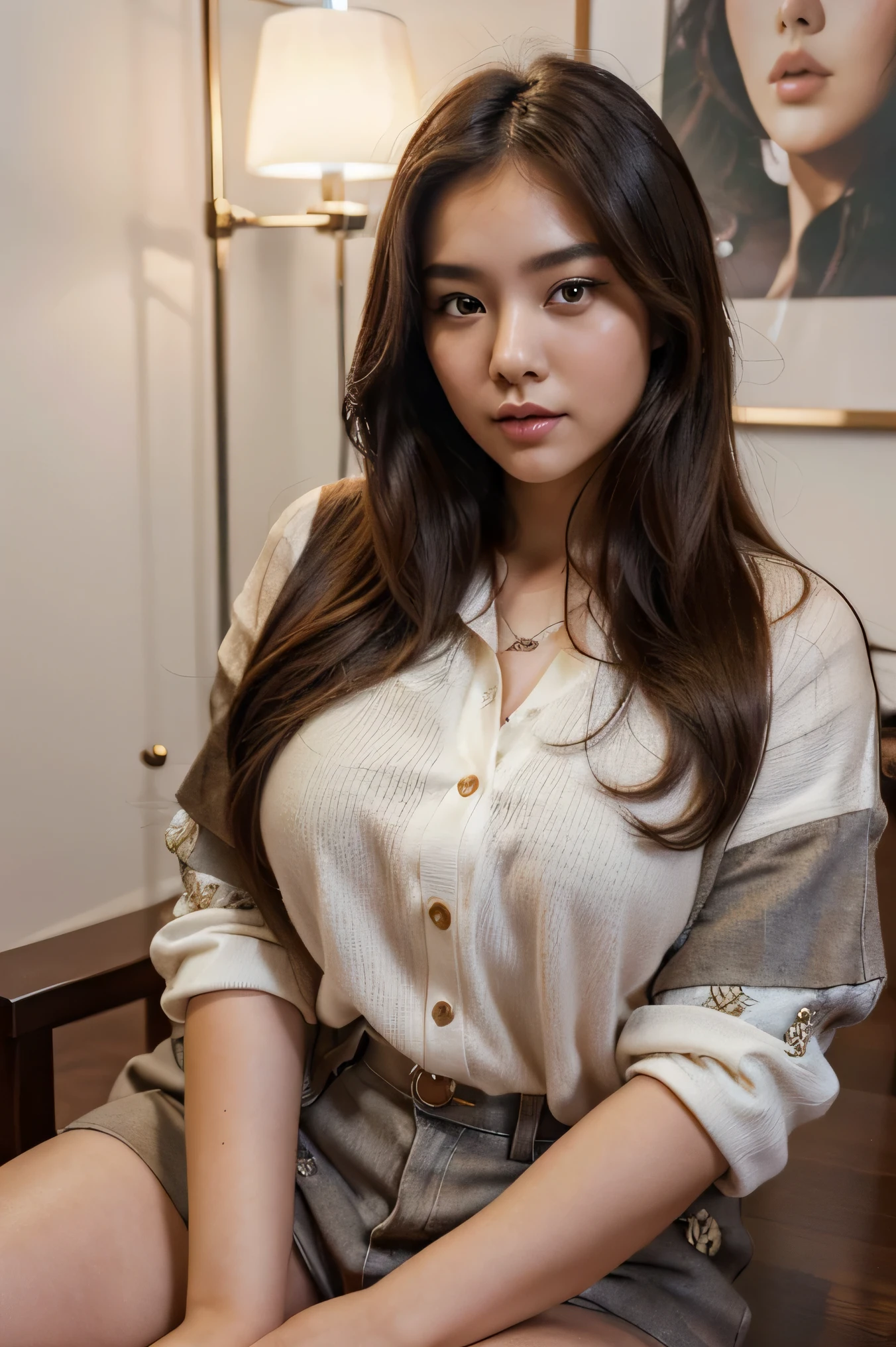 (melhor qualidade:1.2, high resolution), mulher coreana plus size, cabelo solto, lindos olhos detalhados, beautiful detailed lips, cores vibrantes, atmosfera acolhedora, roupa da moda, confident expression, sentado em uma mesa.