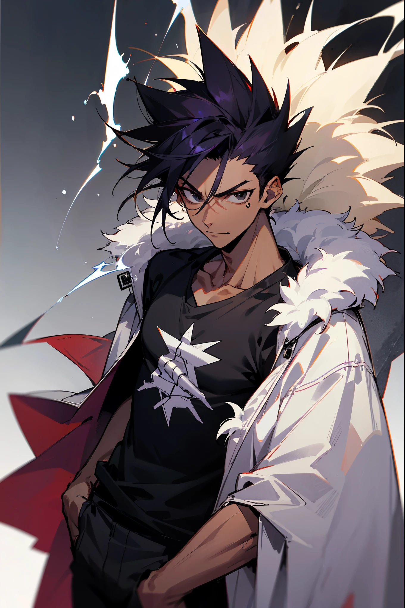 1male,youngster,dark skin, black purple hair tint, spikey hair, garou hair, slight grin, black eyes, modern clothes, parka jacket, graphic tee shirt, black pants, facing me ,village background, masterpiece,
