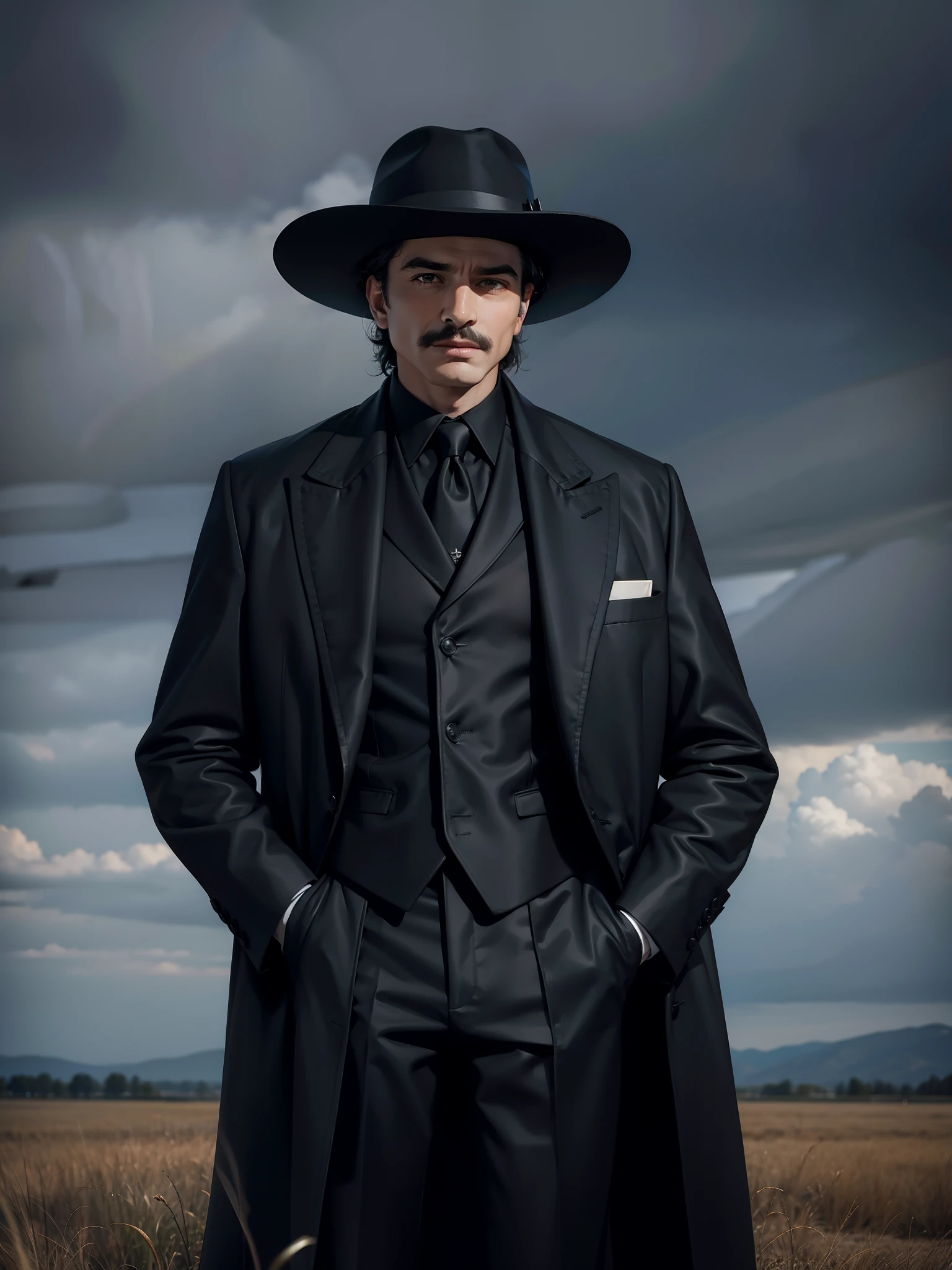 arafed man in a black coat and hat standing in a field, an album cover inspired by Cristache Gheorghiu, flickr, fantastic realism, scene from the movie godfather, the godfather, navid negahban, clean from scene from twin peaks, handsome man, godfather, a suited man in a hat, 1982 color fellini film
