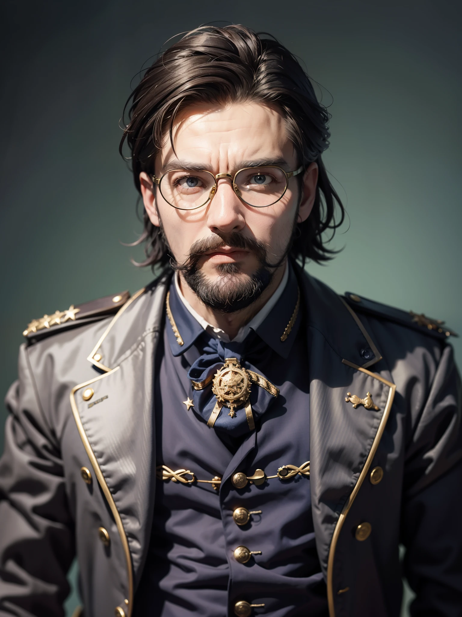 arafed photograph of a man with a beard and a star on his chest, decorated civil war veteran, wearing victorian brass goggles, wearing victorian goggles, with haunted eyes and glasses, 1800s photo of a deformed, quirky 1 9 th century, photo from the 1850s of a farmer, portrait of emperor norton