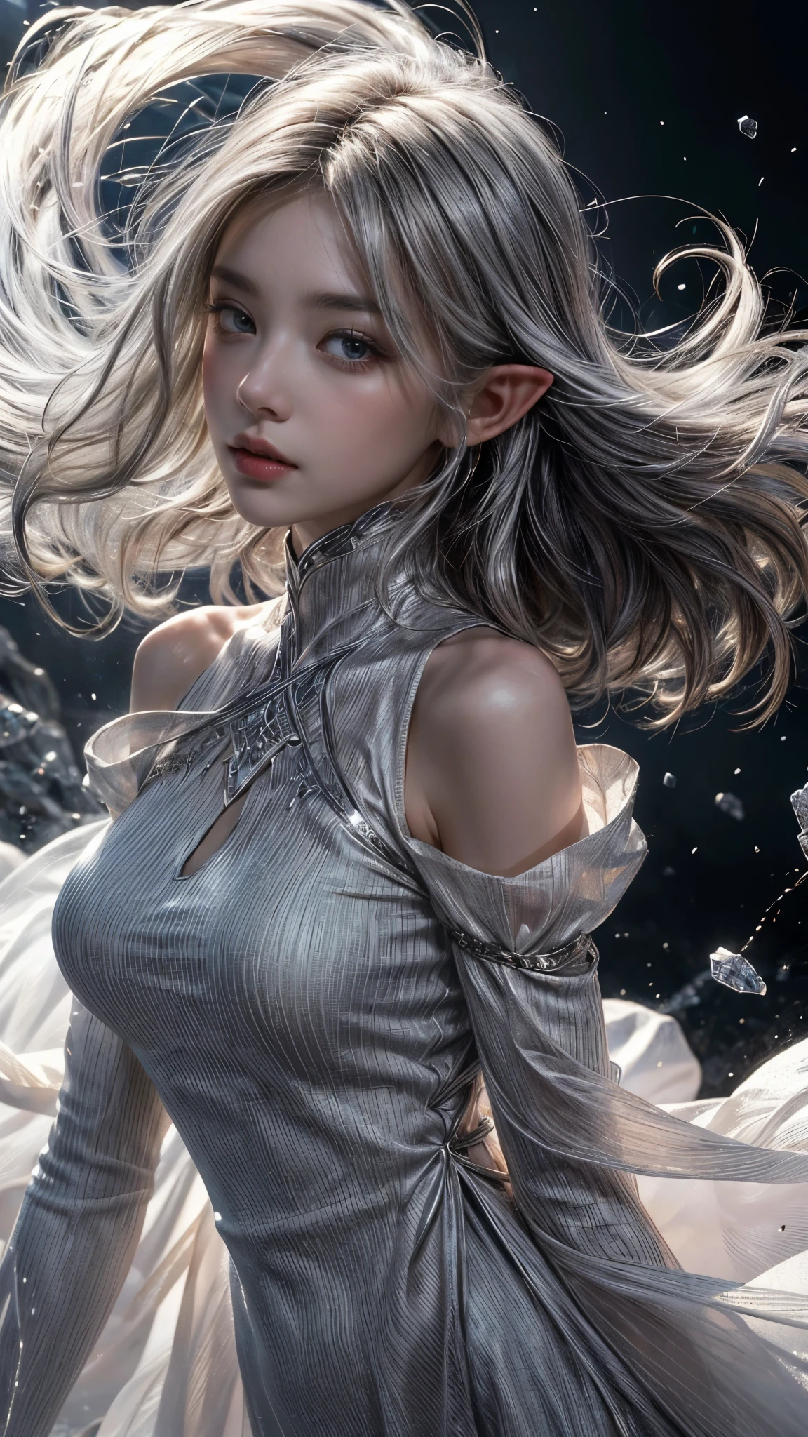 silver hair、(masterpiece, Highest品質, Highest, official art, beautiful and aesthetic, exposed for a long time: 1.2), smooth movement, attractive pattern, 1 girl, (long dress with sleeves: 1.3), (((white clothes) )), Upper body close-up, bare shoulders, chinese girl, blush, black lob hair, portrait, alone, Upper body, observe the observer, detailed background, detailed face, (crystal AI, crystal theme:1.1), 風属性のelf, Rotating wind, control the wind, White crystal clothes, dynamic pose, suspended particles, ether dynamics, whirlwind, vapor, whirlwind in the background, white tone, whirlwind, great atmosphere,silver hair、elf