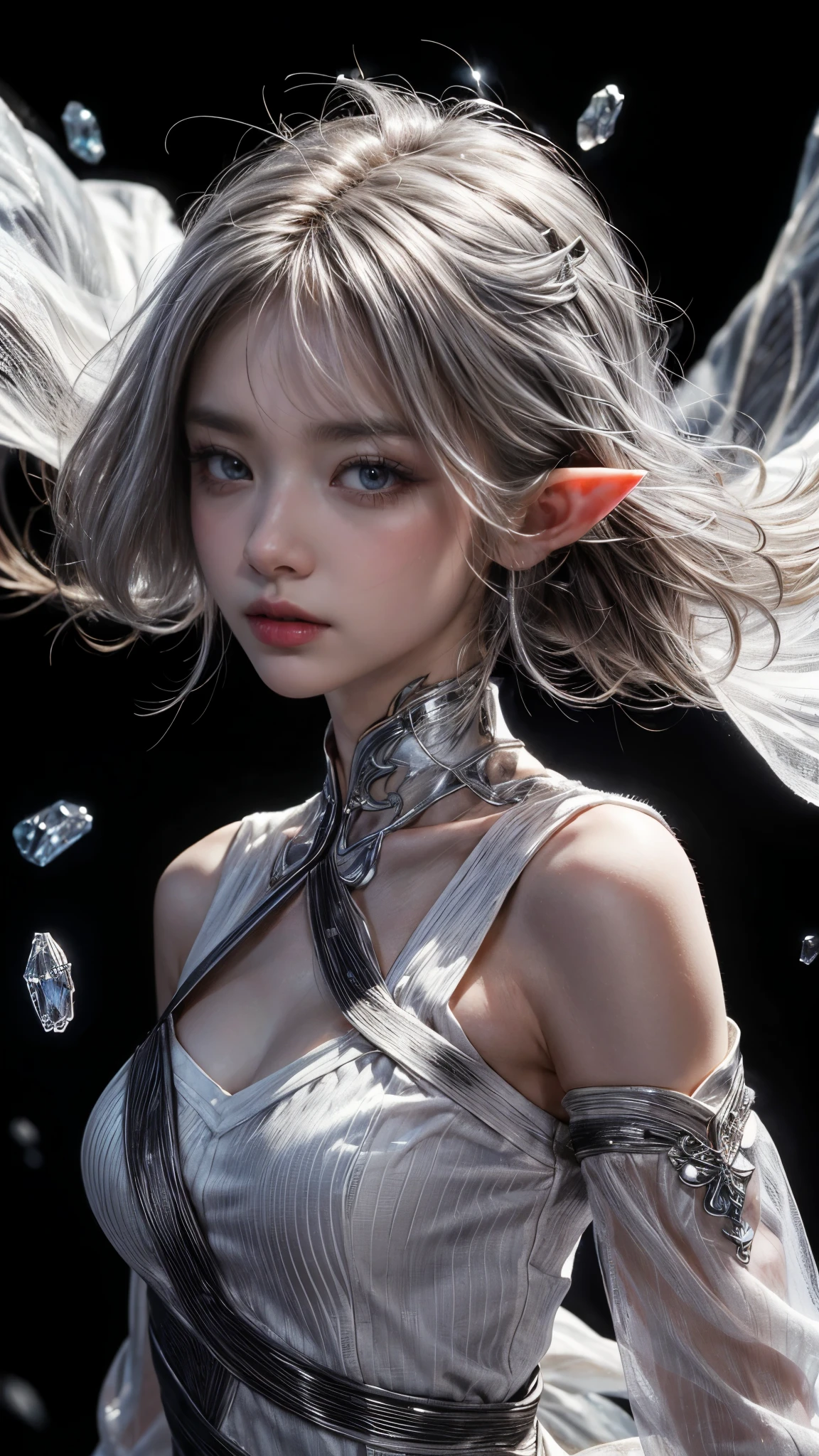 silver hair、(masterpiece, Highest品質, Highest, official art, beautiful and aesthetic, exposed for a long time: 1.2), smooth movement, attractive pattern, 1 girl, (long dress with sleeves: 1.3), (((white clothes) )), Upper body close-up, bare shoulders, chinese girl, blush, black lob hair, portrait, alone, Upper body, observe the observer, detailed background, detailed face, (crystal AI, crystal theme:1.1), 風属性のelf, Rotating wind, control the wind, White crystal clothes, dynamic pose, suspended particles, ether dynamics, whirlwind, vapor, whirlwind in the background, white tone, whirlwind, great atmosphere,silver hair、elf