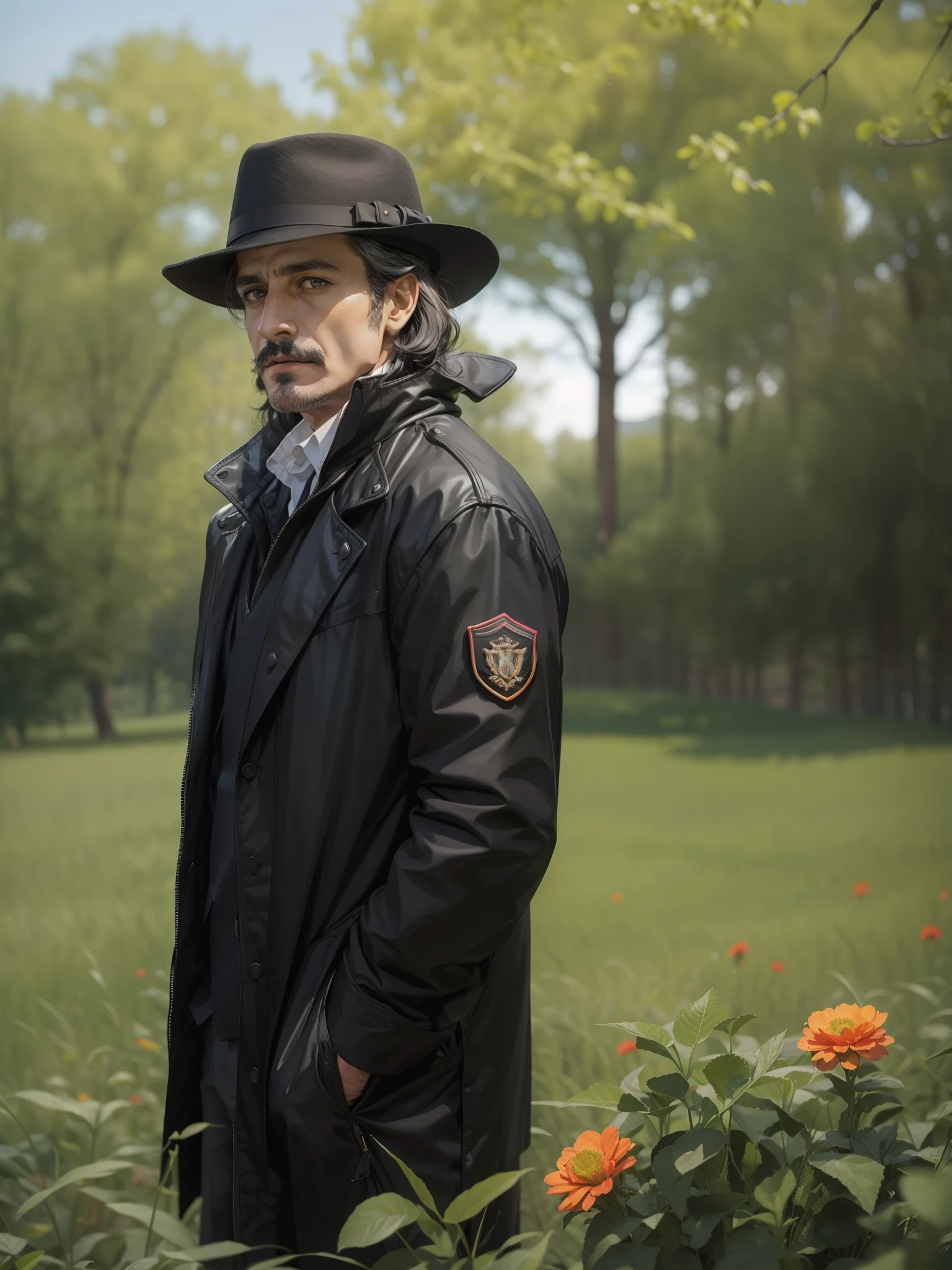 arafed man in a black coat and hat standing in a field, an album cover inspired by Cristache Gheorghiu, flickr, fantastic realism, scene from the movie godfather, the godfather, navid negahban, clean from scene from twin peaks, handsome man, godfather, a suited man in a hat, 1982 color fellini film
