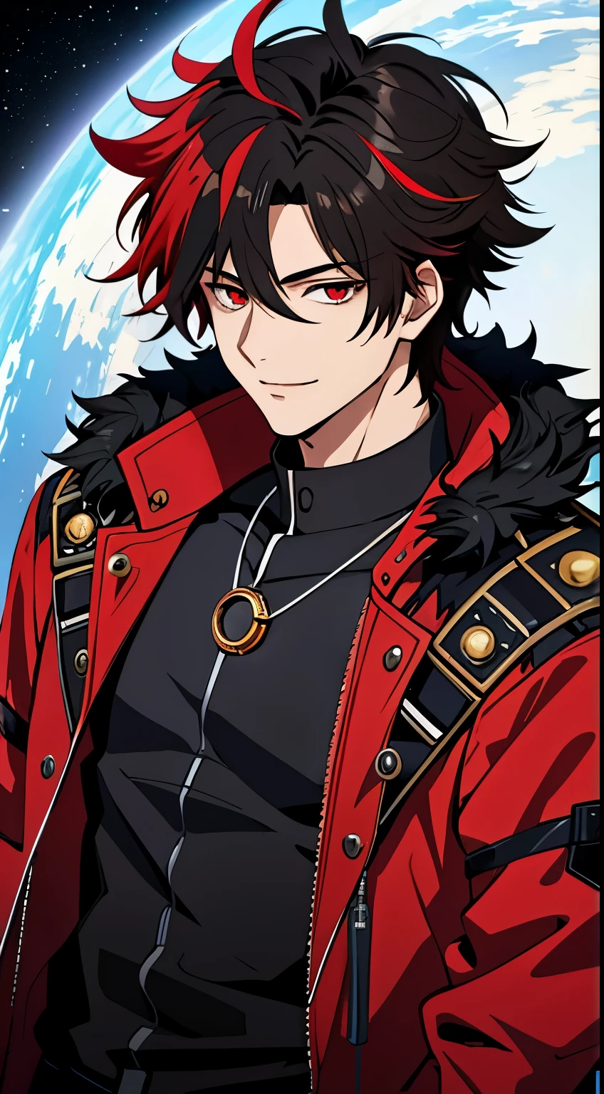 (high-quality, breathtaking),(expressive eyes, perfect face) 1boy, male, solo,  adult, black hair, red streaks in hair, red highlights, fire red eyes, soft wavy hair, short hair length, soft smile, spiky hair, fluffy hair, spiked up hair, black and red jacket, punk jacket, stylized clothing, red shirt, confident smile, age 1cle locket pendant necklace, dark scars on beck, space background, stars background, galaxy background
