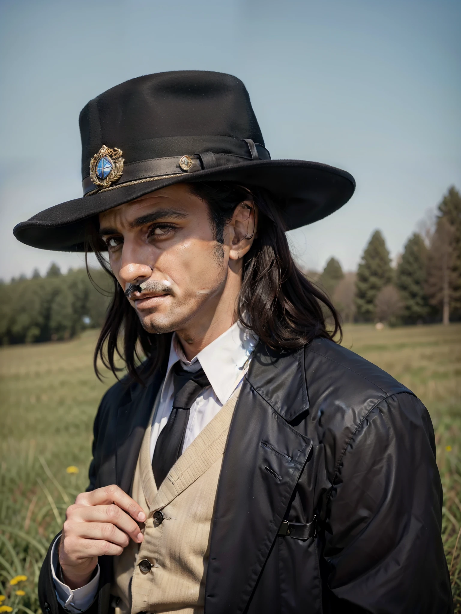 arafed man in a black coat and hat standing in a field, an album cover inspired by Cristache Gheorghiu, flickr, fantastic realism, scene from the movie godfather, the godfather, navid negahban, clean from scene from twin peaks, handsome man, godfather, a suited man in a hat, 1982 color fellini film