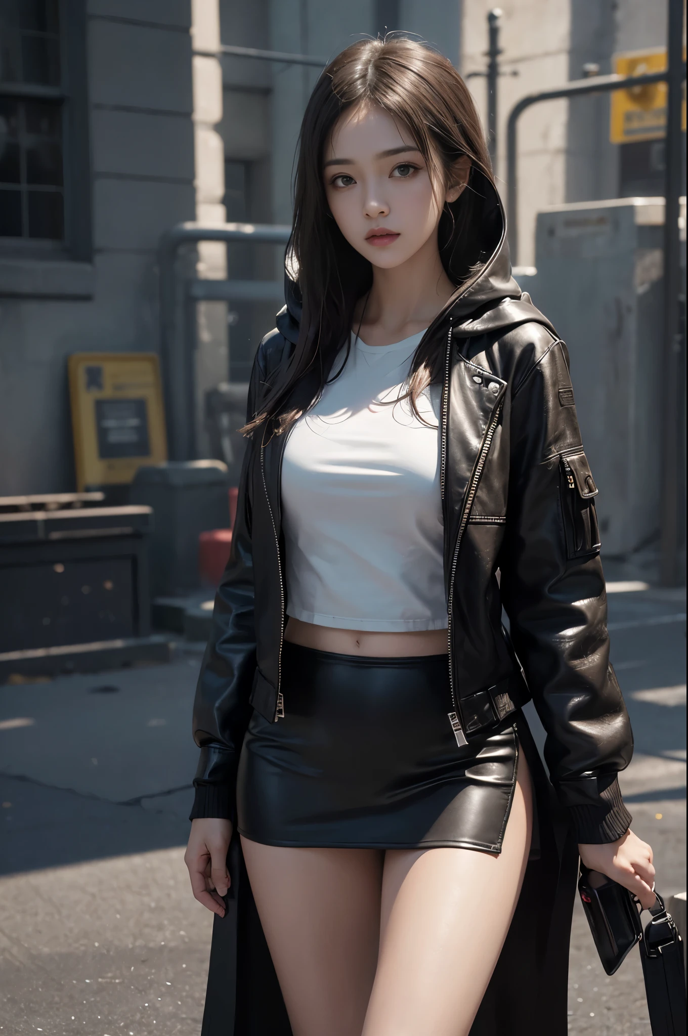 ((Best quality at best)), ((tmasterpiece)), (the detail:1.4), 3D, images of beautiful cyberpunk women,HighDynamicRange(HighDynamicRange),Ray traching,NVIDIA RTX,Hyper-Resolution,Unreal 5,sub surface scattering、PBR textures、post-proces、Anisotropy Filtering、depth of fields、maximum definition and sharpness、Many-Layer Textures、Albedo e mapas Speculares、Surface Coloring、Accurately simulate the interaction of light with materials、perfect proportions、Rendered by Octane、Dichroic light、largeaperture、Low ISO、White balance、the rule of thirds、8K raw data、1 Sister,doomsday seaside city,looking at the viewer only,Full body lesbian;1.5,floated hair,Lingerie with a slinger,Superskirt,open frayed hooded leather jacket,