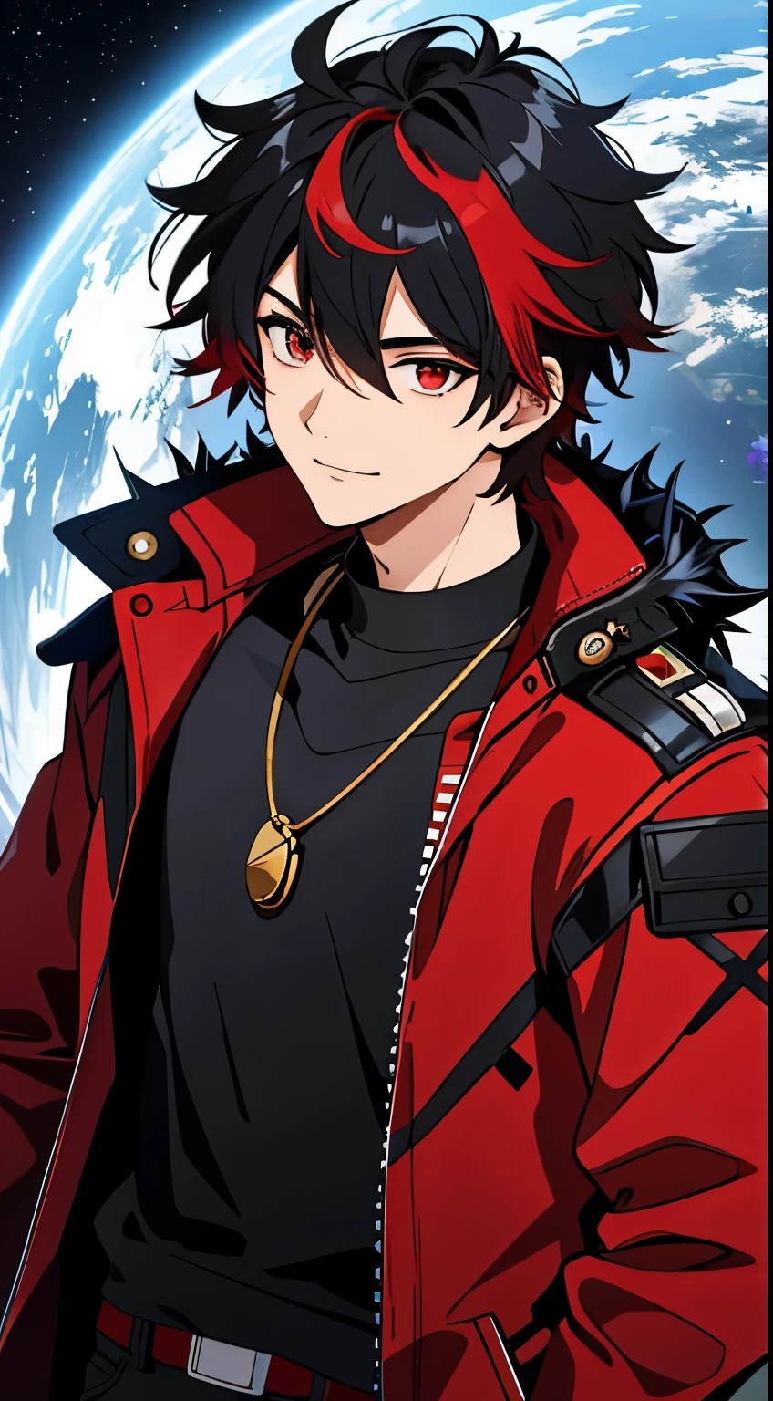 (high-quality, breathtaking),(expressive eyes, perfect face) 1boy, male, solo,  adult, black hair, red streaks in hair, red highlights, fire red eyes, soft wavy hair, short hair length, soft smile, spiky hair, fluffy hair, spiked up hair, black and red jacket, punk jacket, stylized clothing, red shirt, confident smile, age 1cle locket pendant necklace, space background, stars background
