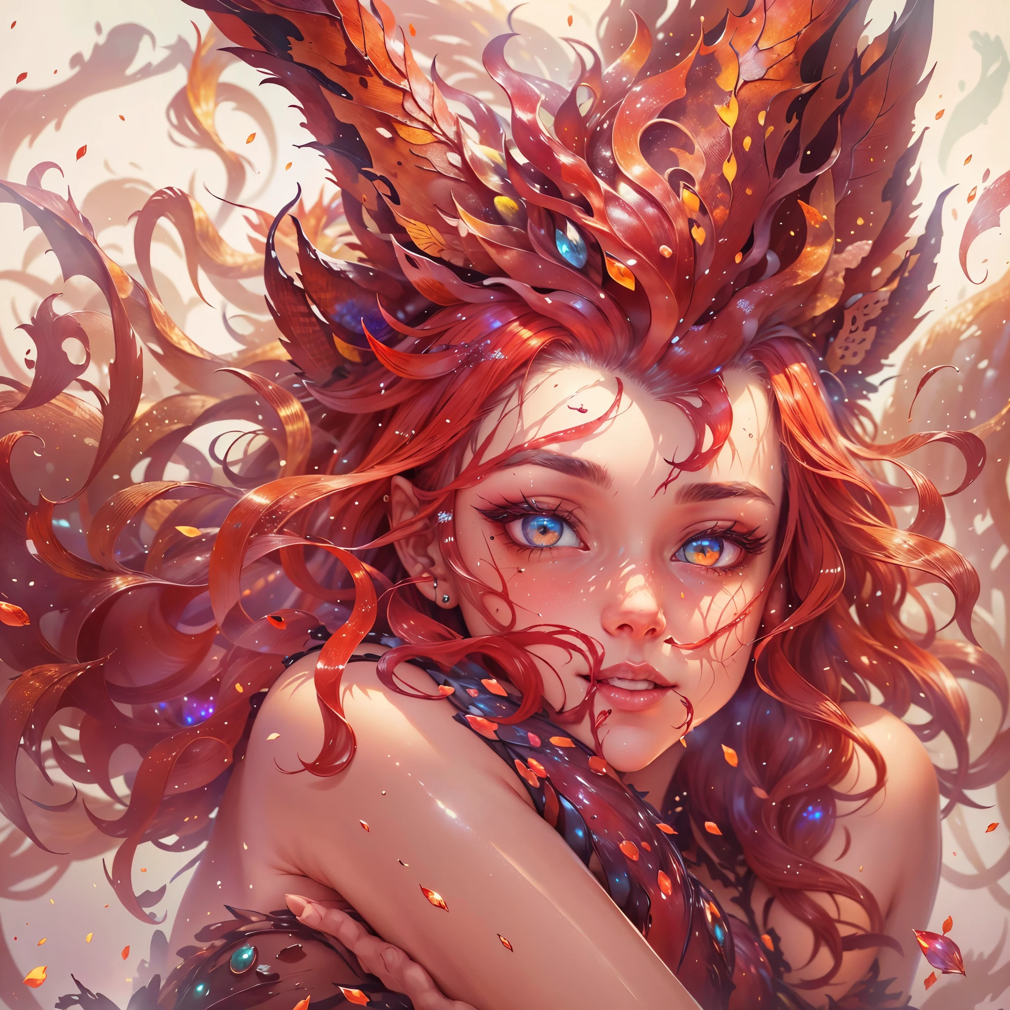 (best quality,4k,8k,highres,masterpiece:1.2), ultra-detailed, realistic, naked sexy dragon woman with red and white glittering scales, long fiery red hair with white highlights, very playful but mischievous smile, naked, nude, detailed crotch, detailed vulva, detailed pussy, sexy pose, spread legs, spread pussy lips, playful, bi-coloured eyes, heterochromia, lustful