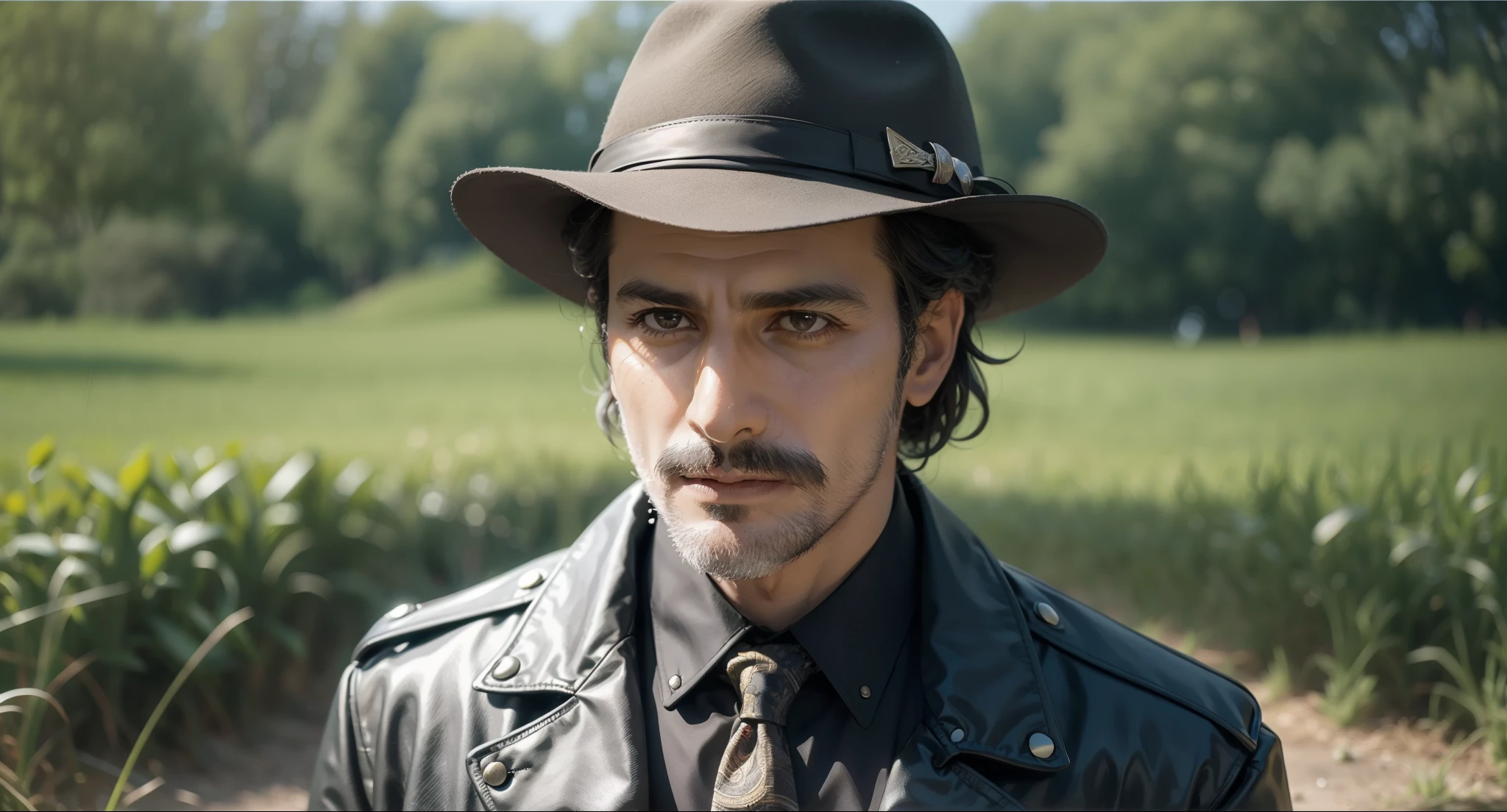 arafed man in a black coat and hat standing in a field, an album cover inspired by Cristache Gheorghiu, flickr, fantastic realism, scene from the movie godfather, the godfather, navid negahban, clean from scene from twin peaks, handsome man, godfather, a suited man in a hat, 1982 color fellini film