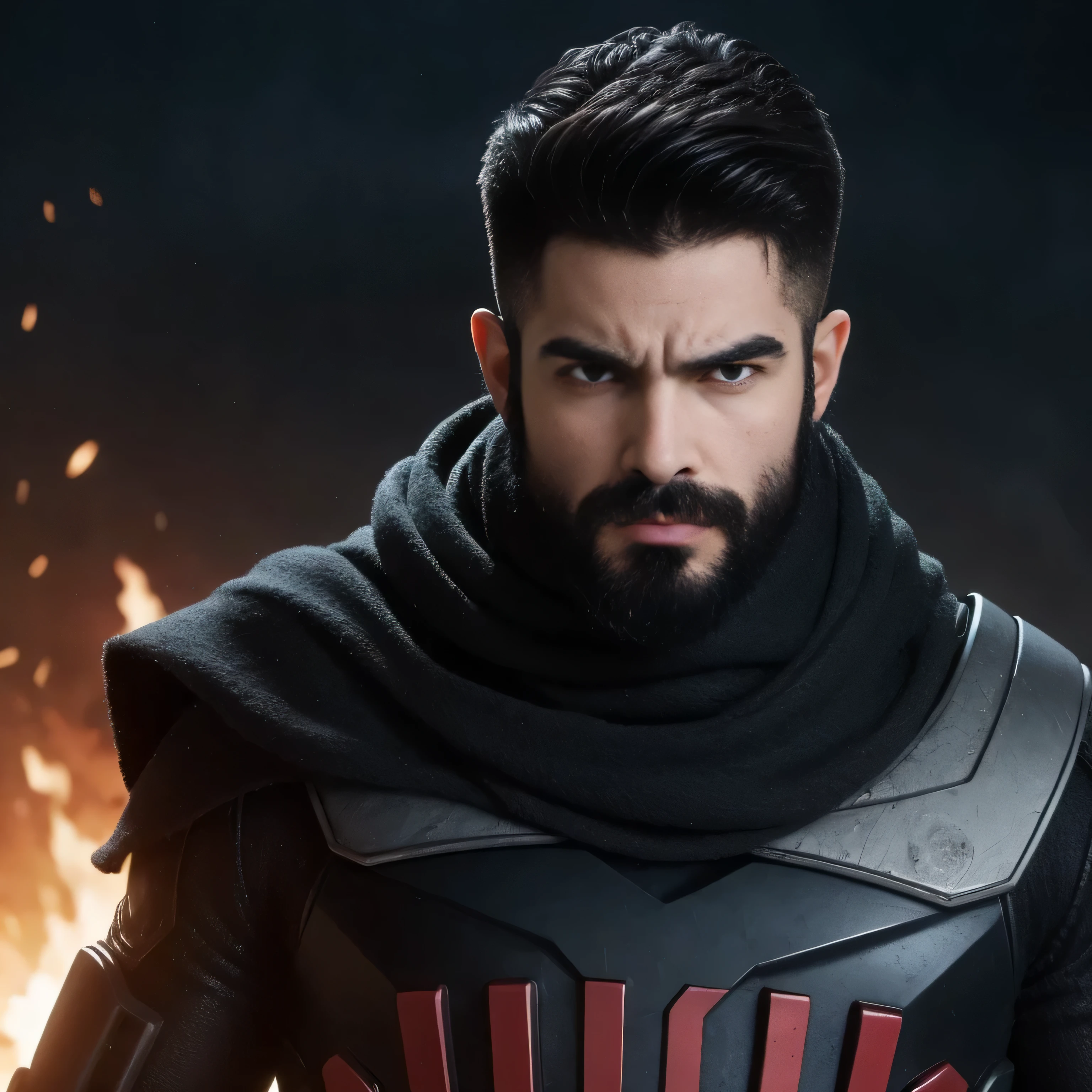 "Attractive man in an action movie scene with explosions and fire, cuerpo musculoso, barbarian, rostro detallado y expresivo".
