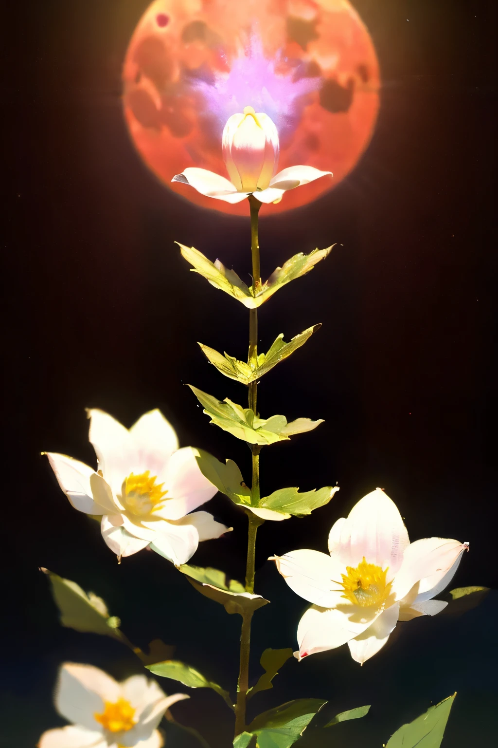 (red colored background), ring of fire, (white_flower) shiny, luminous_flower, beautiful, elegant, moonshine, moonlight, Lunar Moth, SCI-FI, fantasy, dreary, magnificent, fog, low key, at night, (RAW photo, 4K, Realistic, Exquisitely Detailed Skin), Masterpiece, Best quality, offcial art, Unity 8k wallpaper, Ultra detailed,(Soft lighting), Cinematic light,