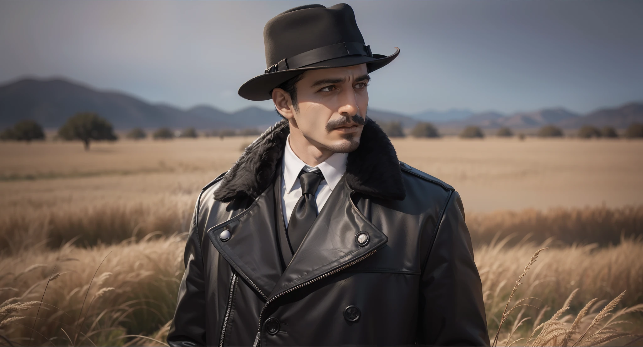 arafed man in a black coat and hat standing in a field, an album cover inspired by Cristache Gheorghiu, flickr, fantastic realism, scene from the movie godfather, the godfather, navid negahban, clean from scene from twin peaks, handsome man, godfather, a suited man in a hat, 1982 color fellini film