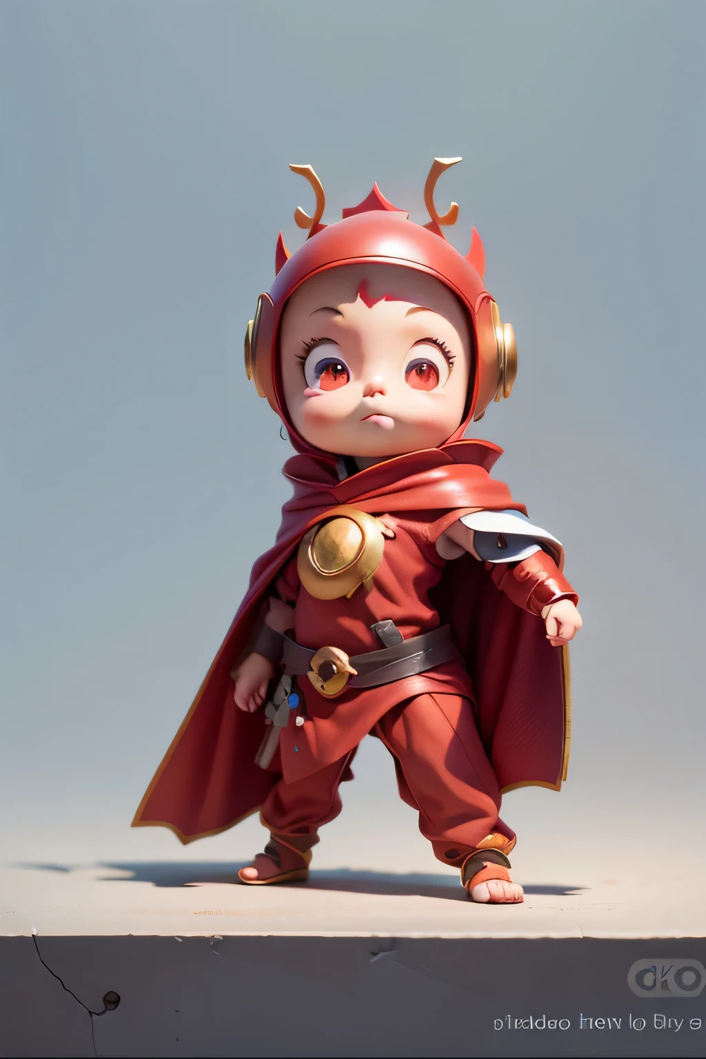 Close-up of a small toy puppet of a person in costume, High quality character design, heroic figure art, heroic figure, Cute Internet God, brat. Unreal Engine 5, Professional character design, 3D rendering character art 8k, Hero fantasy character concept, Full body character design, cute characters, Advanced digital chibi art, digital fantasy characters，red helmet，red clothes，Red cape，black eyes