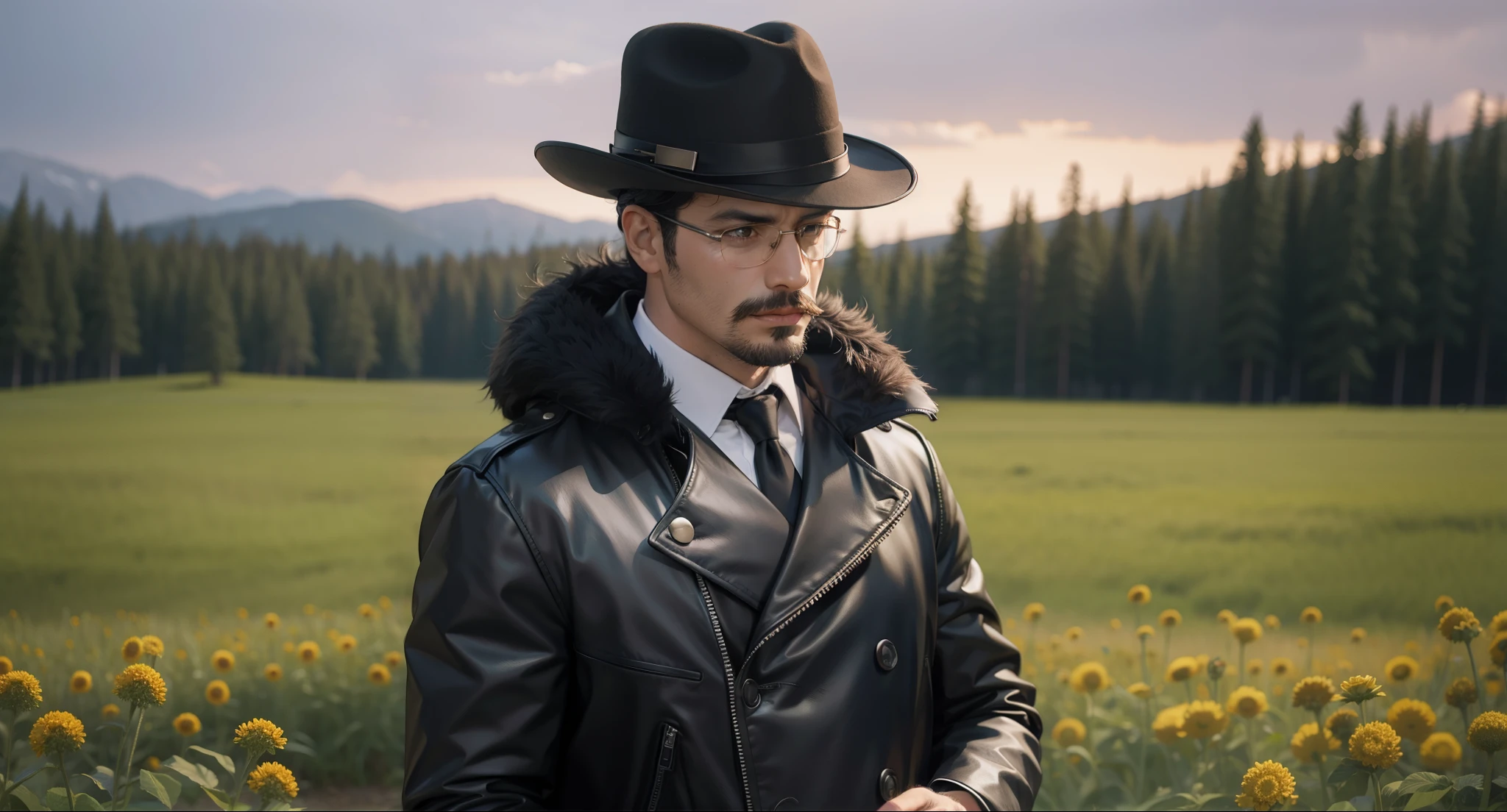arafed man in a black coat and hat standing in a field, an album cover inspired by Cristache Gheorghiu, flickr, fantastic realism, scene from the movie godfather, the godfather, navid negahban, clean from scene from twin peaks, handsome man, godfather, a suited man in a hat, 1982 color fellini film