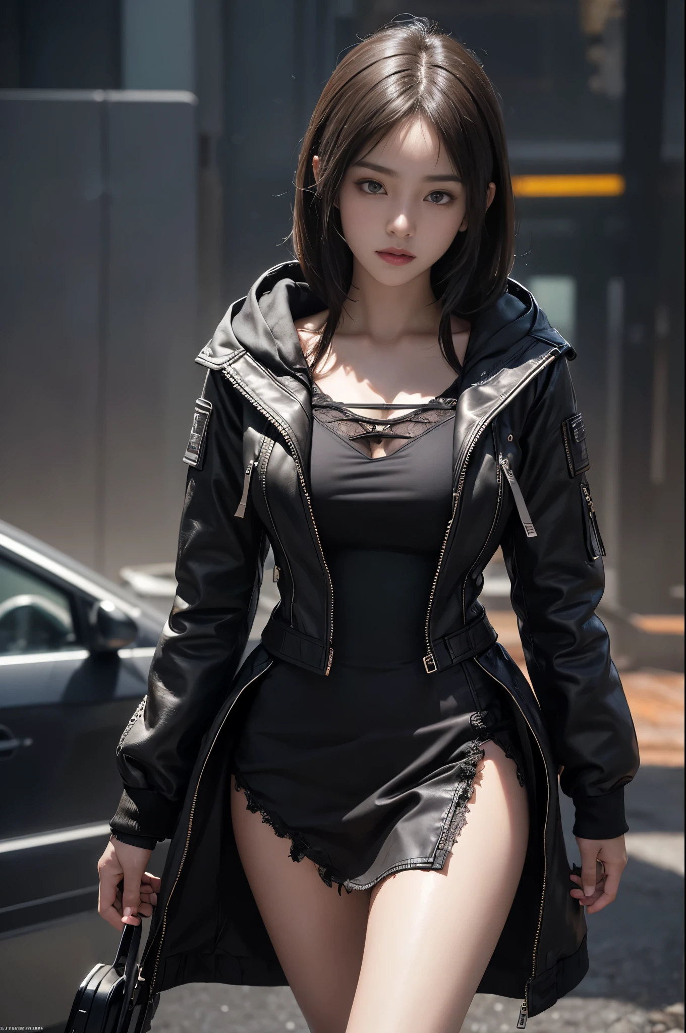 ((Best quality at best)), ((tmasterpiece)), (the detail:1.4), 3D, images of beautiful cyberpunk women,HighDynamicRange(HighDynamicRange),Ray traching,NVIDIA RTX,Hyper-Resolution,Unreal 5,sub surface scattering、PBR textures、post-proces、Anisotropy Filtering、depth of fields、maximum definition and sharpness、Many-Layer Textures、Albedo e mapas Speculares、Surface Coloring、Accurately simulate the interaction of light with materials、perfect proportions、Rendered by Octane、Dichroic light、largeaperture、Low ISO、White balance、the rule of thirds、8K raw data、1 Sister,doomsday seaside city,looking at the viewer only,Full body lesbian;1.5,floated hair,Lingerie with a slinger,Superskirt,open frayed hooded leather jacket,