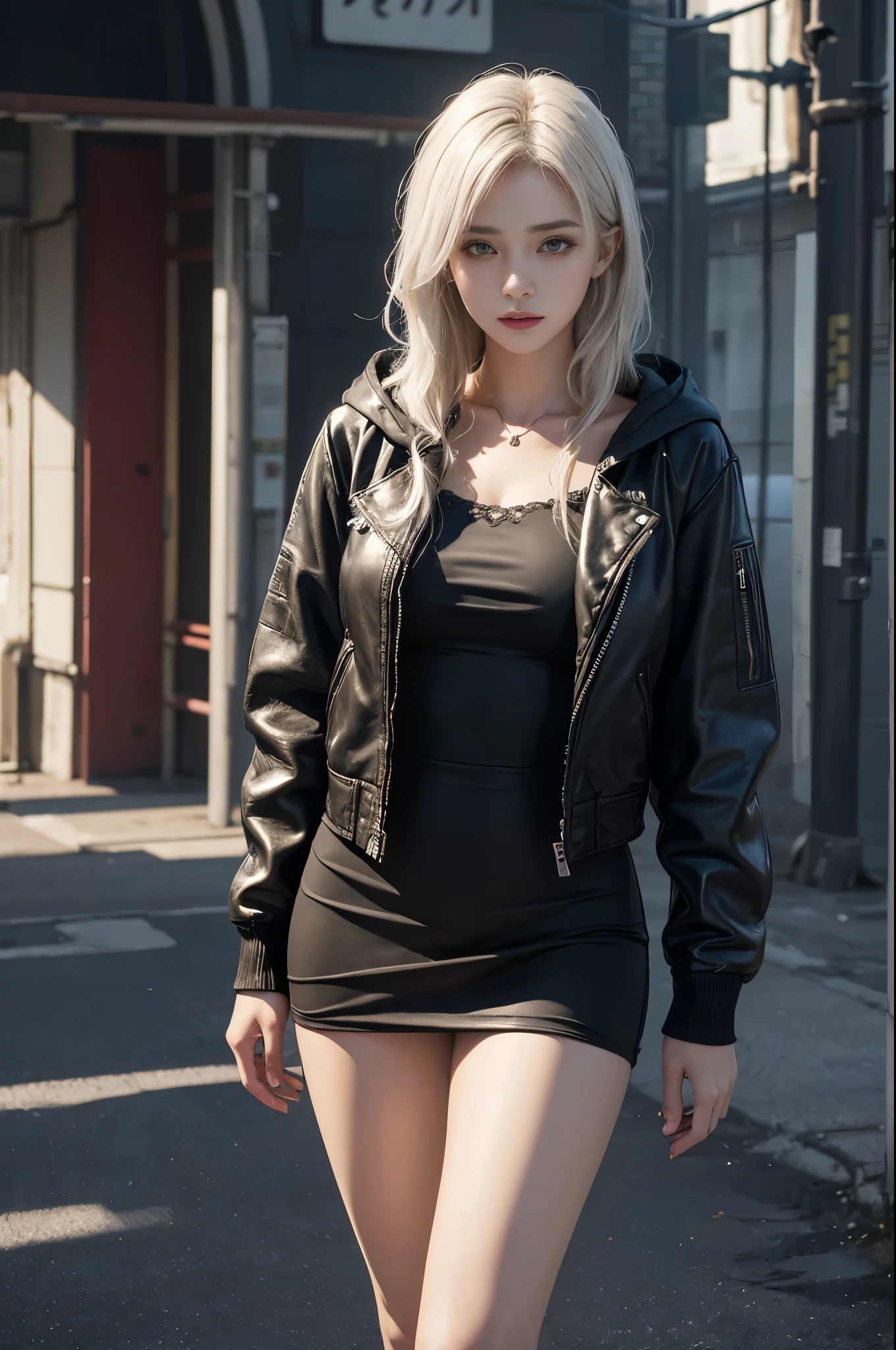 ((Best quality at best)), ((tmasterpiece)), (the detail:1.4), 3D, images of beautiful cyberpunk women,HighDynamicRange(HighDynamicRange),Ray traching,NVIDIA RTX,Hyper-Resolution,Unreal 5,sub surface scattering、PBR textures、post-proces、Anisotropy Filtering、depth of fields、maximum definition and sharpness、Many-Layer Textures、Albedo e mapas Speculares、Surface Coloring、Accurately simulate the interaction of light with materials、perfect proportions、Rendered by Octane、Dichroic light、largeaperture、Low ISO、White balance、the rule of thirds、8K raw data、1 Sister,doomsday seaside city,looking at the viewer only,Full body lesbian;1.5,floated hair,Lingerie with a slinger,Superskirt,open frayed hooded leather jacket,