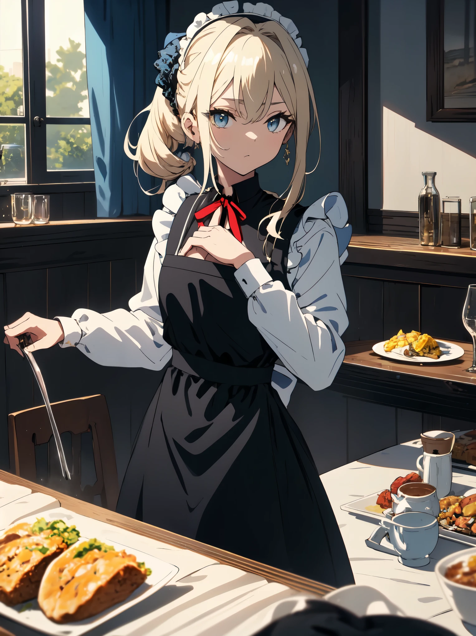 (masterpiece, highest quality, High resolution、be familiar with), (shining eyes)、1 girl,blonde hair, maid, blue eyes, side ponytail, hair scrunchie, hair ornaments, blue scrunchie, maid headdress, apron, (Many Russian dishes are arranged on the table.、White tablecloth)hair between eyes, chest, long sleeve, bangs, white shirt, black dress, side lock, maid apron, black pantyhose,  cowboy shot,indoor、Western-style room、beautiful anime