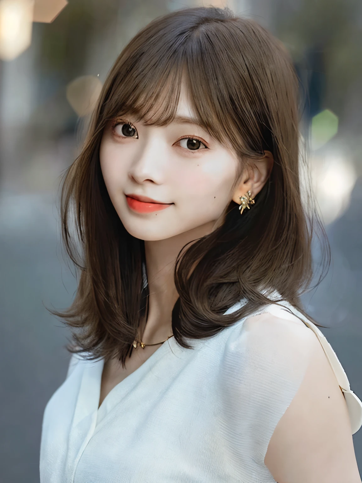 highest quality, real, 8K, solo, smile, masterpiece, 1 girl, Bokeh, Depth of the bounds written, professional lighting, High resolution, gorgeous, bangs, Lens flare, cute, photorealistic:1.37, earrings, RAW photo, disorganized, view audience, skin dentation, woman, whole body, masterpiece:1.2, Portrait:0.6, necklace, pureerosface_v1,　skinny, dynamic pose, mole, floating hair, lips