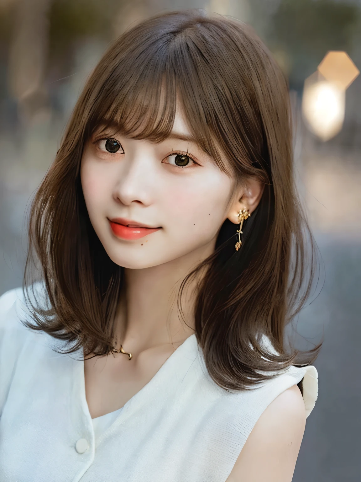 highest quality, real, 8K, solo, smile, masterpiece, 1 girl, Bokeh, Depth of the bounds written, professional lighting, High resolution, gorgeous, bangs, Lens flare, cute, photorealistic:1.37, earrings, RAW photo, disorganized, view audience, skin dentation, woman, whole body, masterpiece:1.2, Portrait:0.6, necklace, pureerosface_v1,　skinny, dynamic pose, mole, floating hair, lips