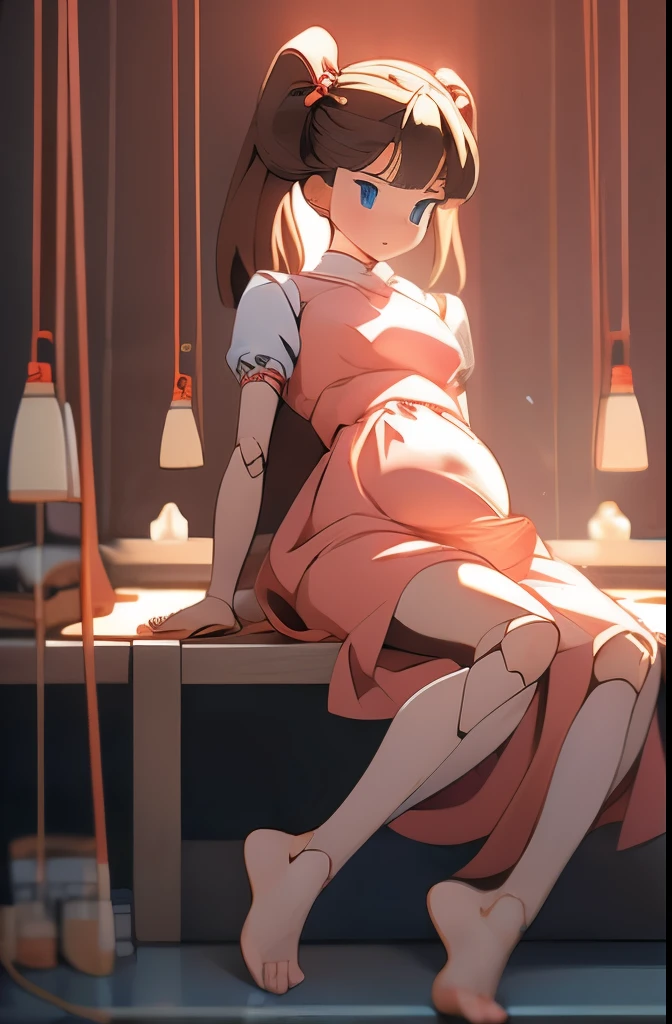 A Female robot is sleeping in Obstetrics and gynecology, spread legs, nude, banzai pose. she wears no dress. She Brown short hair is tied with two big red clothespins, She lifts up the under hem of her white plain dress, leaning over, masterpiece, very short pigtails,brown hair, mature, android, blue eyes, full body figure, Height: 160cm, flushed cheeks, 2020s anime picture, A beautiful robot with short brown hair in two short pigtails held up by two very large huge red clothespins, Uplifting, No NSFW, whole body, barefoot, archaic smile, getting orgasm, 25 years old, sweat bucket, in Obstetrics.