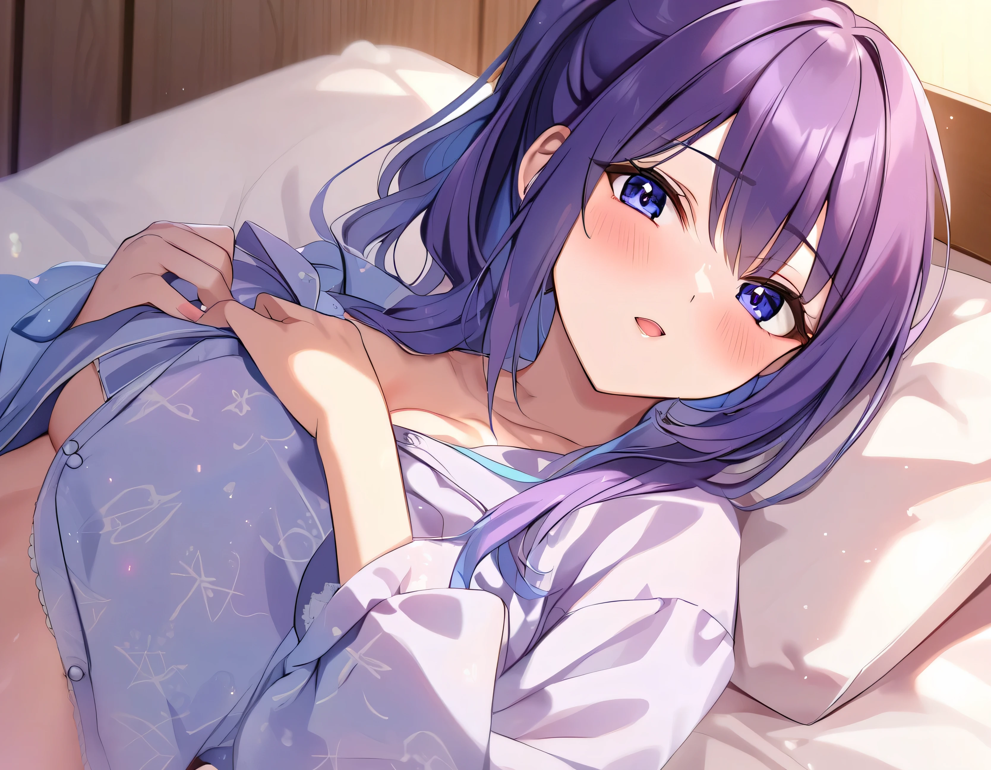 One anime girl , white, ,Bubble ponytail blue hair, in sexy pyjamas on bed , pillow