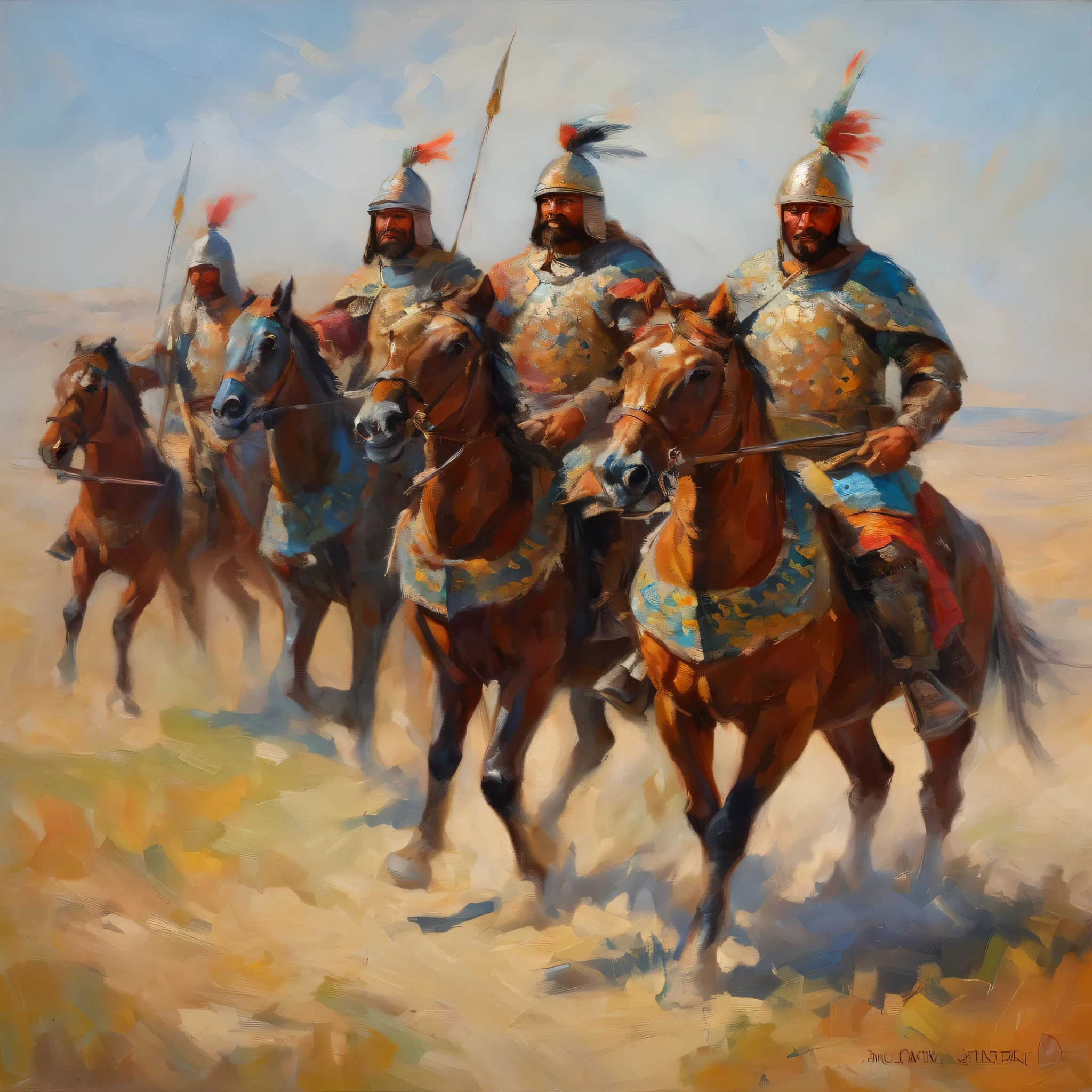 Armor of a Turkic commander, 2 Turkic commanders on horseback, 2 Turkic plate cavalry, fully armored steppe cavalry, Turkic Khaganate, army of steppe nomads