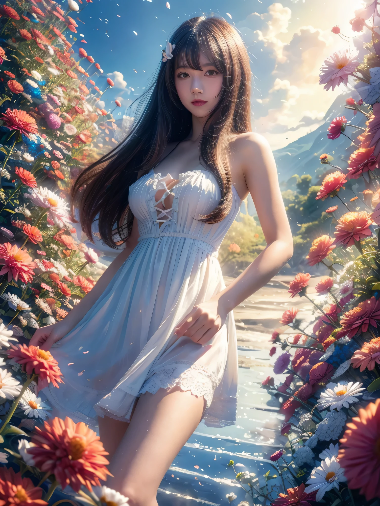 ((masterpiece)), ((best quality)), 8k, high detail, Super detailed, illustration, Japanese cartoons, beautiful girl pictures, Lovely, 1 girl, soft light, skirt, hair, flower, actual,