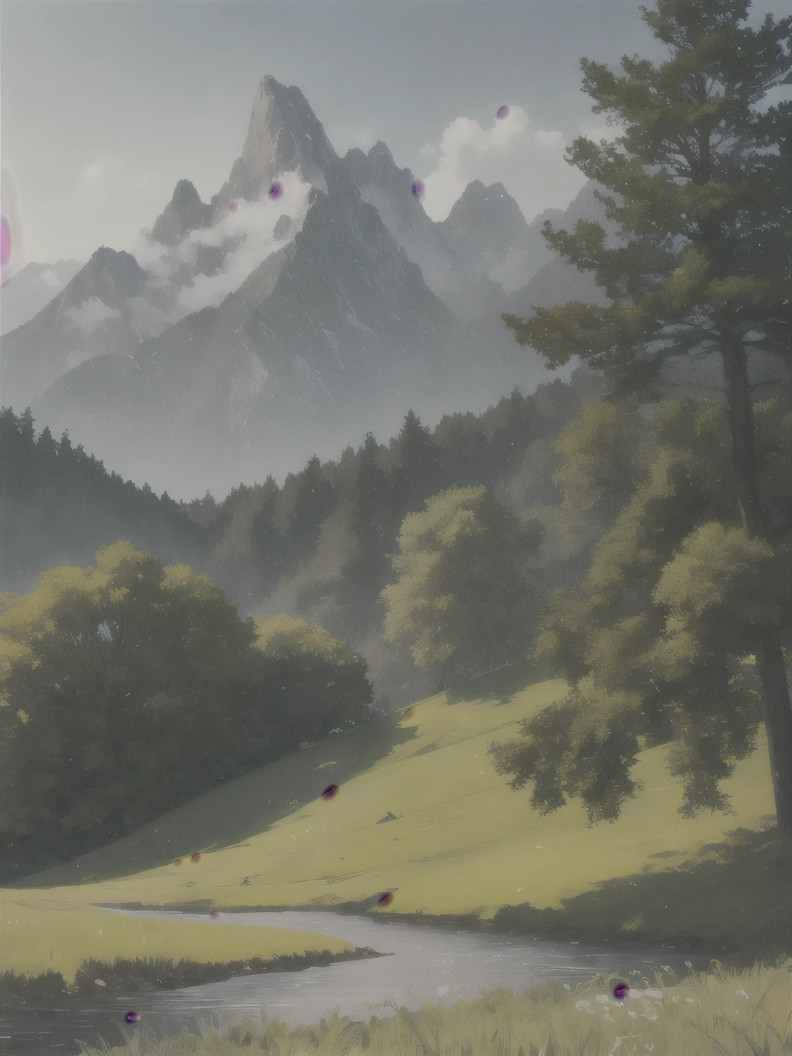 a green forest stretches out and beyond that, mountains rise in the distance.
BREAK
The most suitable effect for this scene would be a watercolor painting technique to capture the softness of the meadow and the fluidity of the movement.