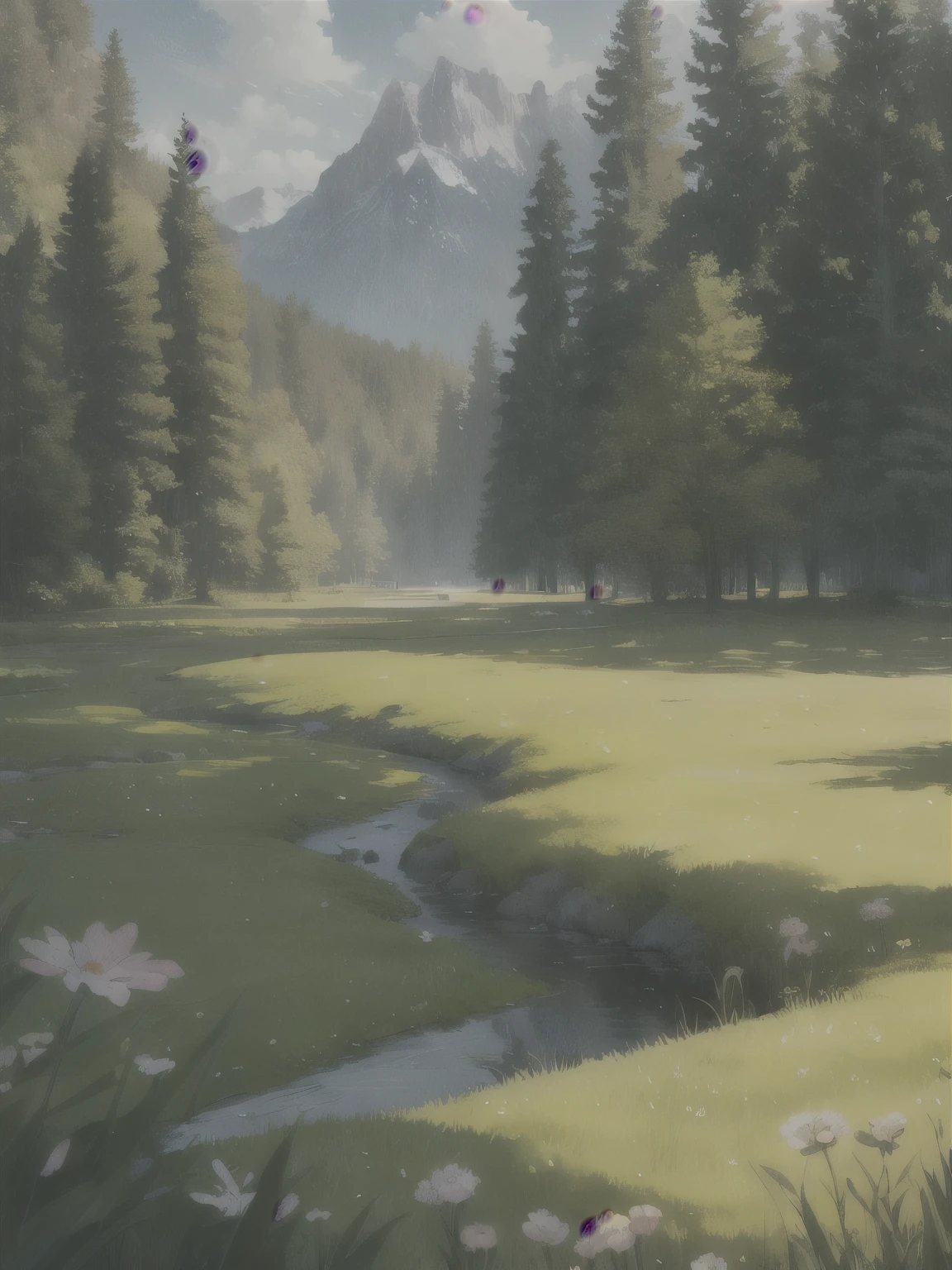 a green forest stretches out and beyond that, mountains rise in the distance.
BREAK
The most suitable effect for this scene would be a watercolor painting technique to capture the softness of the meadow and the fluidity of the movement.