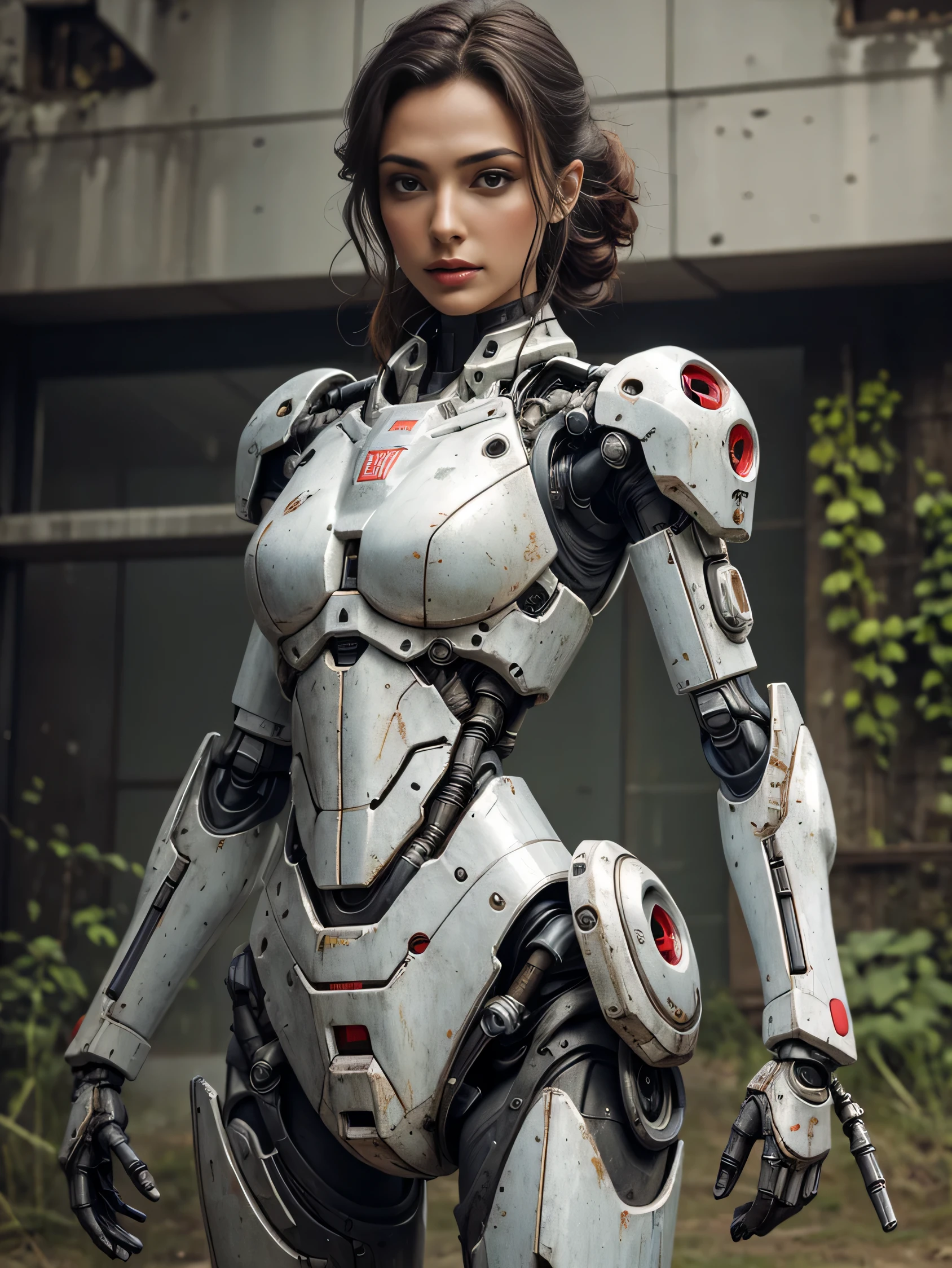 ((masterpiece, highest quality, Highest image quality, High resolution, photorealistic, Raw photo, 8K)), Abandoned robot soldier on battlefield, broken and immobile, rust and moss showing passage of time, female cyborg body, female body, biomechanical , extra detailed body, blowjob white mech, white biomechanical details, detailed body, shiny white armor, cybernetic body, eva unit-00 on back, full body details, detailed destroyed City in the background