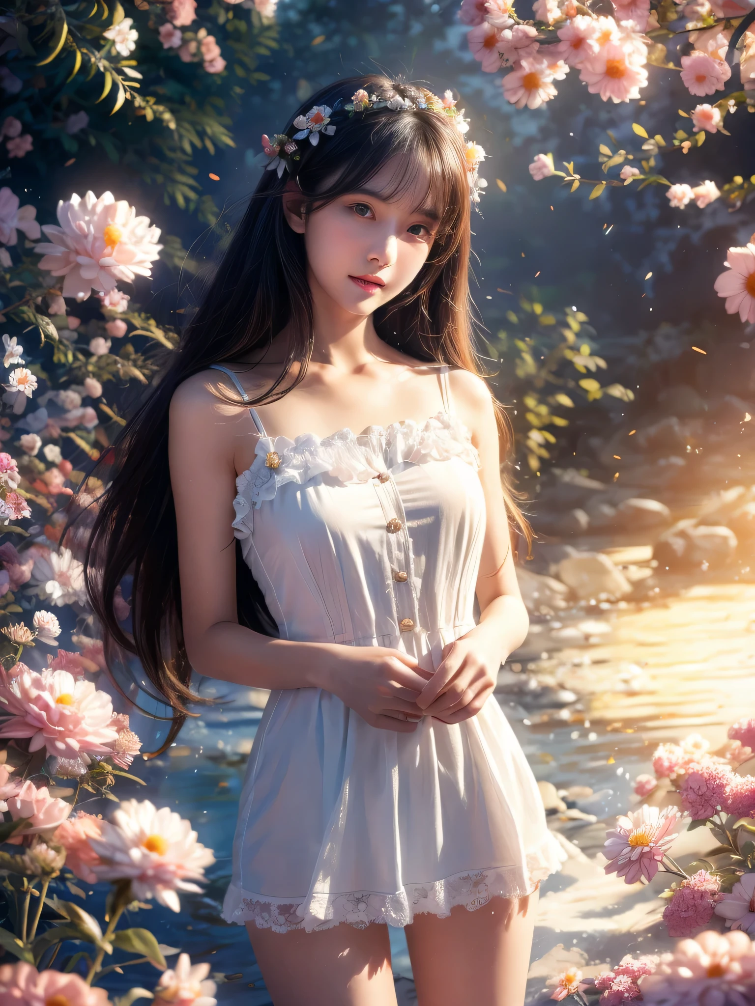 ((masterpiece)), ((best quality)), 8k, high detail, Super detailed, illustration, Japanese cartoons, beautiful girl pictures, Lovely, 1 girl, soft light, skirt, hair, flower, actual