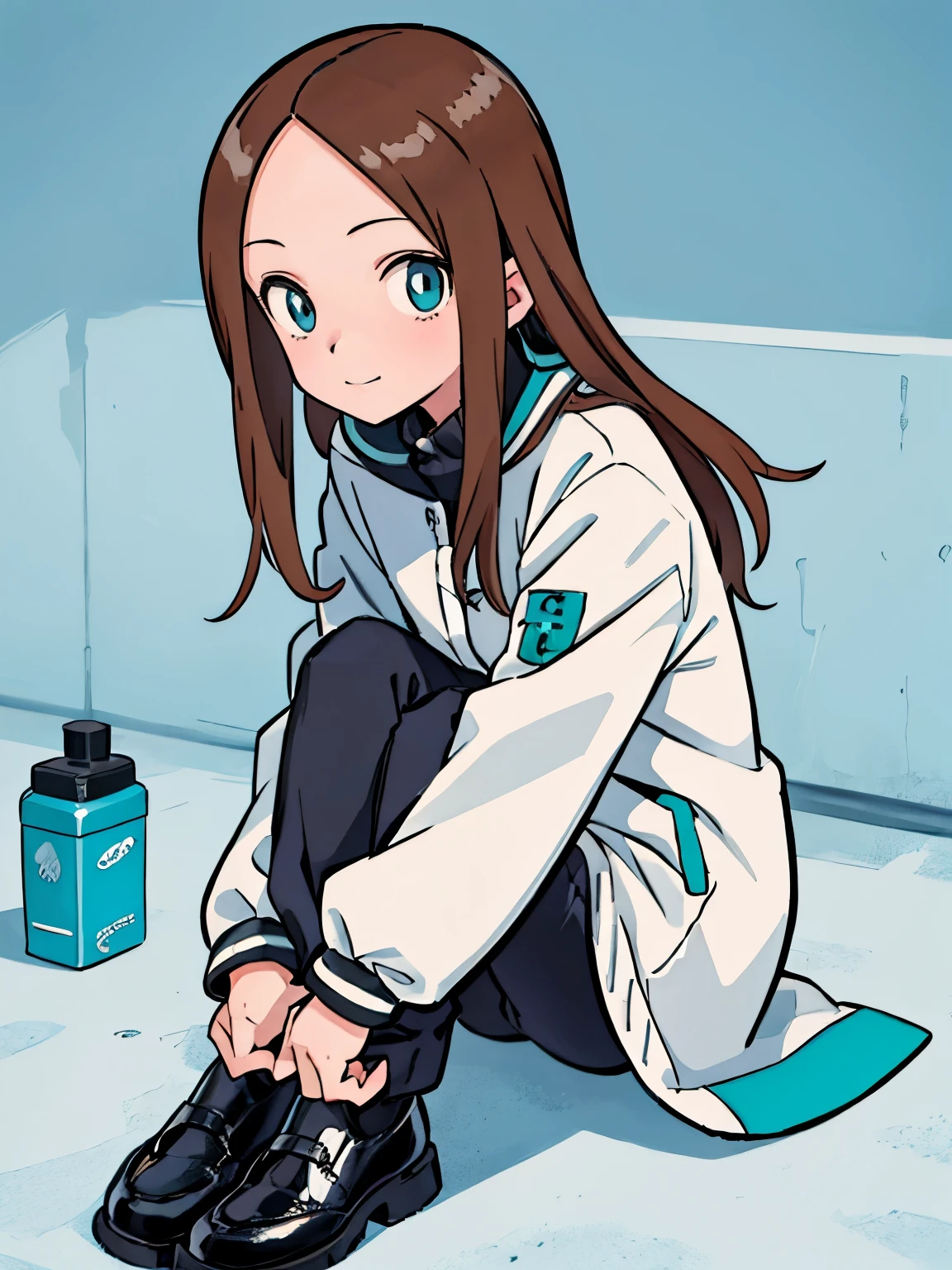 black and white, takagi, winter clothes, 12 year old girl, turquoise eyes, dark blond hair, loose blue pants