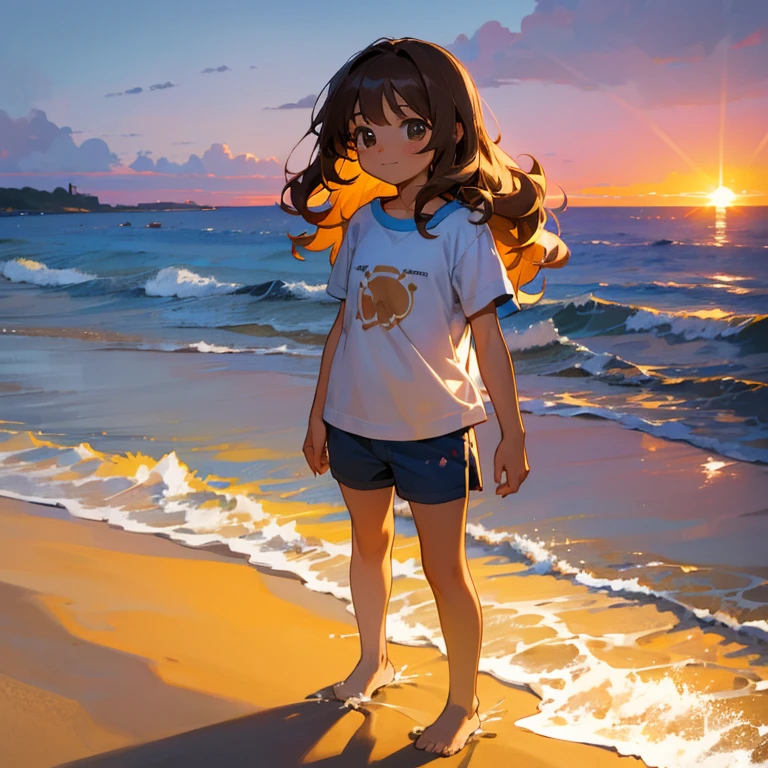 a cute 8 year old church girl named Mia, light brown hair, long wavy hair, short sleeved blue wish week tshirt, shorts, on a sandy beach, sunset, standing in the sand, slight smile