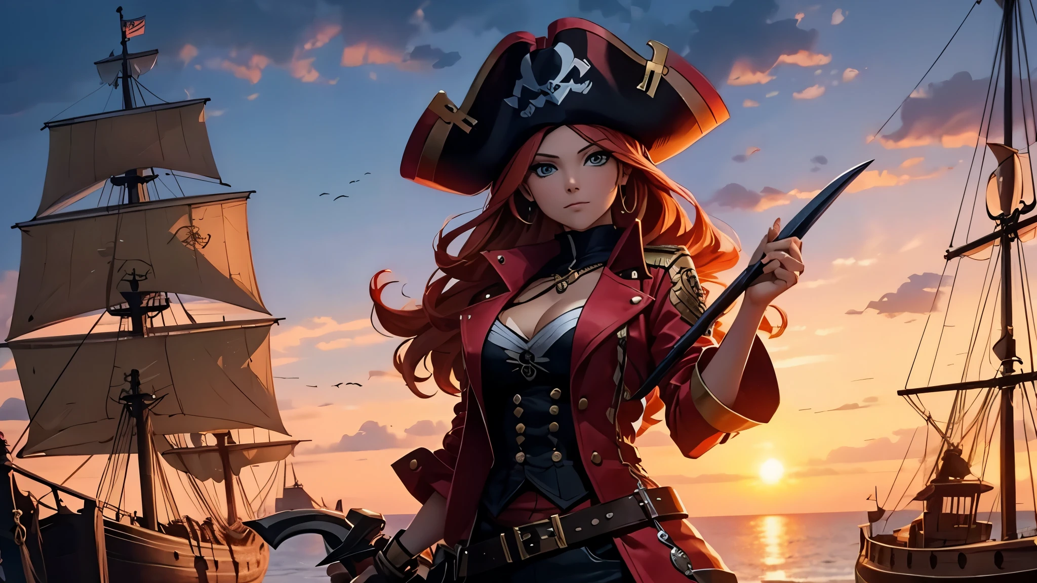 sunset shimmer as a pirate, wearing a big hat, holding a cutlass, standing on a pirate ship, badass, pirate flag