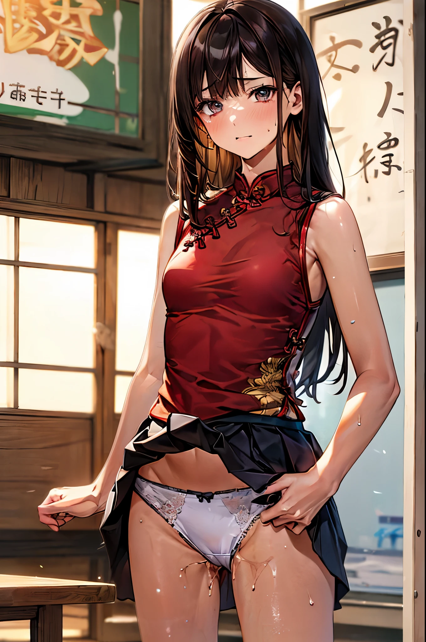 (Perfect Anatomy:1.2,top-quality、The ultra -The high-definition、hight resolution、extremely details CG、8K Unit Wallpapers),cowboy shot,portrait,1woman,solo,20 year old beauty,Japanese,((Beautiful detailed eyes)),brown eyes,shy、tears,brown hair,long hair,bangs,(sweat),lift up skirt self,standing,((red cheongsam、sleeveless、red pleated mini skirt、love juice、white panties)),、kung fu dojo、natural sunlight、