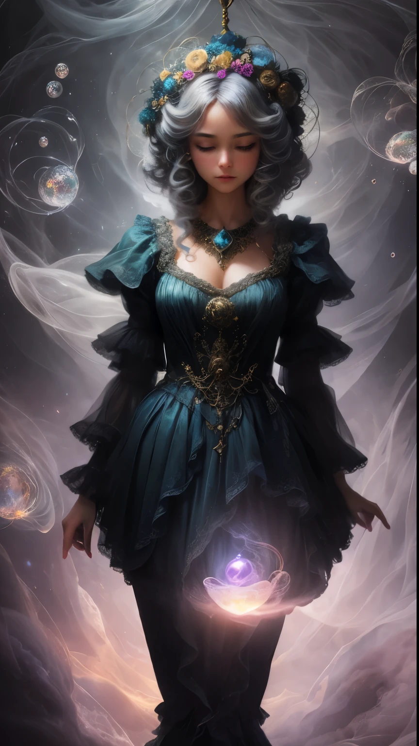 In the midst of a rococo-inspired mysterious singularity event in a still, swirls of ethereal mist dance around a suspended crystal orb emitting a soft, pulsating light. This enigmatic scene is captured in a vividly detailed painting, showcasing intricate brushwork and rich, vibrant colors. The orb itself exudes an otherworldly luminosity, casting a mesmerizing glow that seems to transcend the confines of the canvas. Surrounding the orb, delicate tendrils of energy reach out like spectral fingers, creating an atmosphere of supernatural wonder and intrigue. The overall effect is one of awe-inspiring beauty and mystique, drawing the viewer into a realm where magic and science intertwine in perfect harmony.