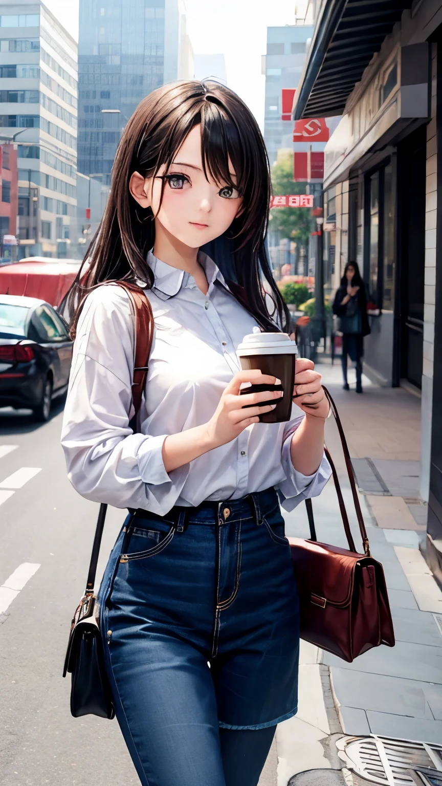 Beautiful anime girl in modern clothes in the city with coffee in her hands