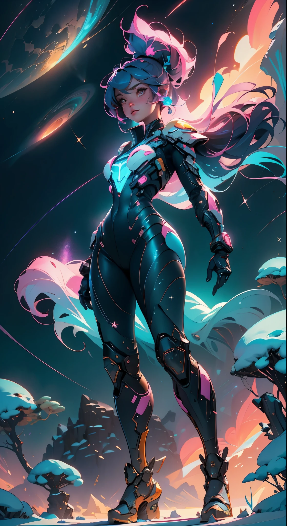 In a very grand scene,The extra-large wide-angle lens captures the appearance of a female centaur。(She is traveling through the stars:9.9),She is tall,It has the ultimate curvy beauty,The muscles are slender and firm,Beautiful lines。Her facial features are tough and coquettish,Always with a sunny smile。She wears special tight-fitting equipment with a strong sense of technology,Step on multifunctional off-road style heels,Delicate and practical protective gear is worn on the hands, feet, wrists, neck and shoulders。The detection equipment around you flashes various cue lights and neon-like information screens,Let her exude a charming brilliance。Use Midjourney's advanced tools,Design special tight-fitting equipment for female centaurs,Highlight her unique physiological characteristics and appearance details,Add realism。And in her adventure scene,Spectacular views of nature,Such as the sky where storms and sunny days alternate、Brilliant rivers of stars and auroras、The snow-capped summit of Mount Everest、Fireworks in the mountain town, etc。ao mesmo tempo,Away from the hustle and bustle of Long Beach Pier is a neon-lit spaceship docked,Create a fantastic scene。Use Midjourney's advanced tools and multiple color palettes、Brush Strokes、Texture tools and model packages,It shows a sense of atmosphere where beauty and charm coexist。The charm of the female centaur is highlighted through color and lines,Enhance realism with detailing,Create a surreal dreamy feeling。Additionally,Use Midjourney's tools to add a variety of extreme sports gear and cultural trinkets to the female centaur,Create intricate hairstyles and outfits,Give her a sense of premium。She never flinches,Regardless of the terrain,can respond quickly,Even the extreme geography and dangerous terrain of aliens cannot stop her。Use Midjourney's powerful tools,You can do it with incredible detail and beauty,Bring this ultra-grand and beautiful scene to life。Ultra-grand scenes,super wide shot, hdr,(Realism,Masterpiece qual