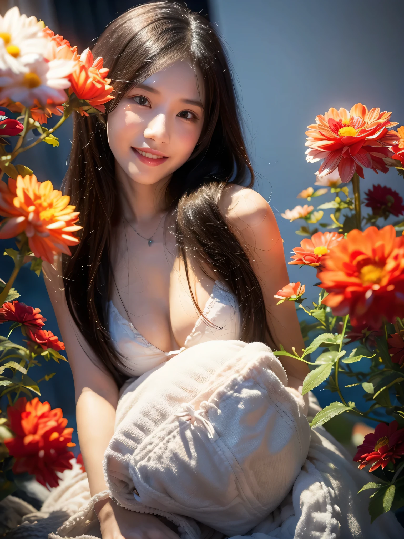 (best quality:1), (high quality:1), detailed/(extreme, high, extremist/), actual, studio lighting, bright colors, 1 girl/(beautiful, Beautifully, perfect/), Face, breast/(split/), depth of field, looking at the audience, Smile, flower