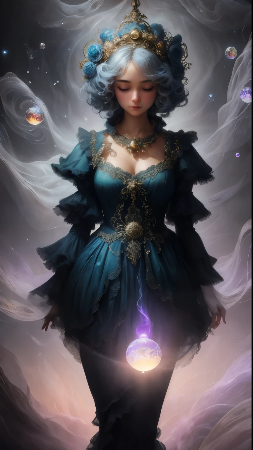 In the midst of a rococo-inspired mysterious singularity event in a still, swirls of ethereal mist dance around a suspended crystal orb emitting a soft, pulsating light. This enigmatic scene is captured in a vividly detailed painting, showcasing intricate brushwork and rich, vibrant colors. The orb itself exudes an otherworldly luminosity, casting a mesmerizing glow that seems to transcend the confines of the canvas. Surrounding the orb, delicate tendrils of energy reach out like spectral fingers, creating an atmosphere of supernatural wonder and intrigue. The overall effect is one of awe-inspiring beauty and mystique, drawing the viewer into a realm where magic and science intertwine in perfect harmony.