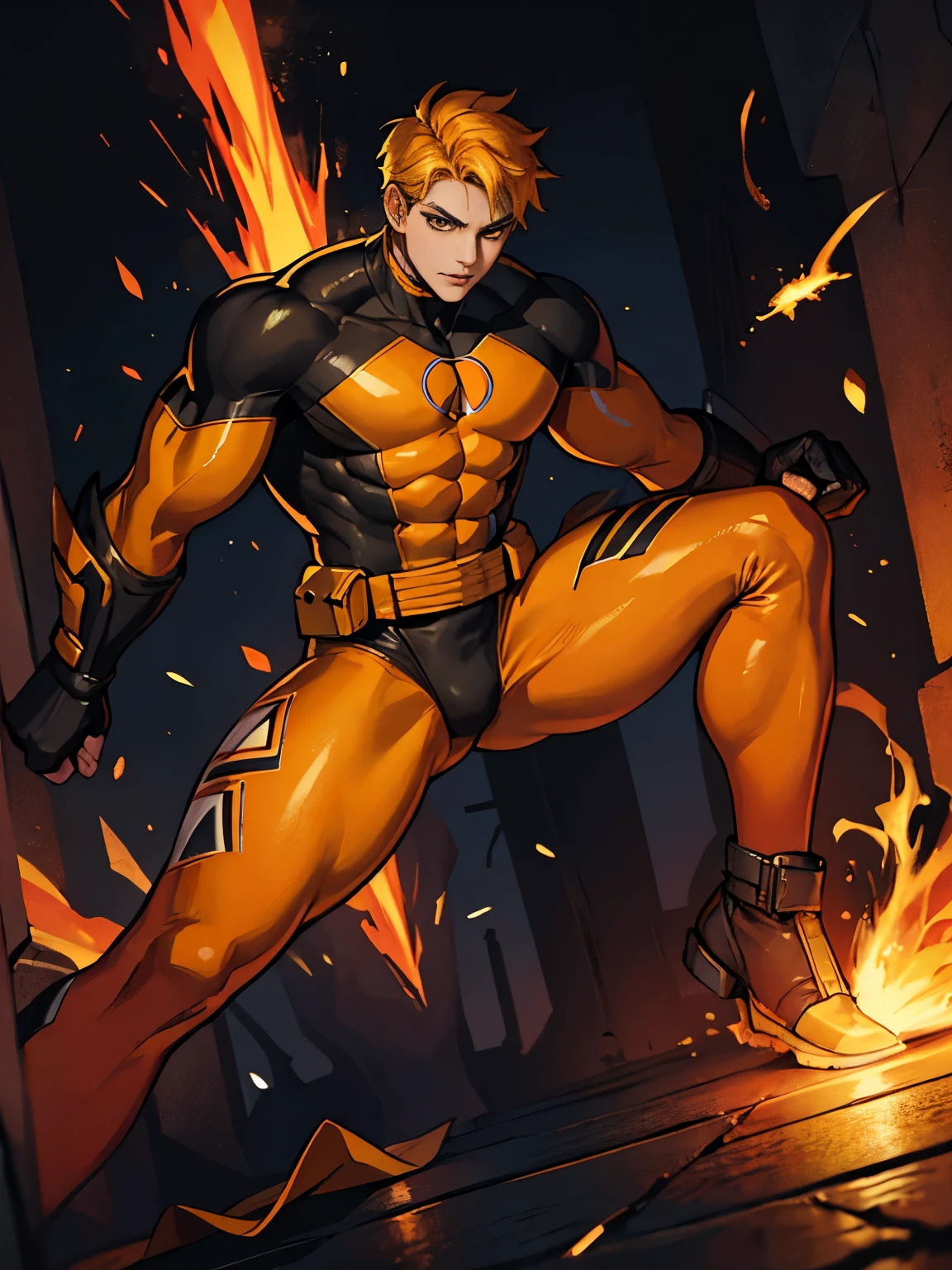 Sunfire Ranger: (Tim Burton style A suit with bright yellow and orange colors, resembling flames. This Ranger can shoot fireballs, fly with fiery wings, and blind enemies with bursts of light.