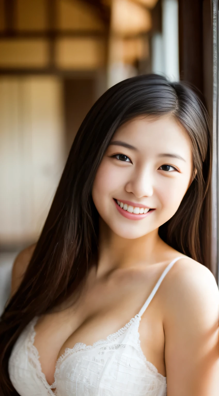masterpiece,best quality,(Japanese ),((Beautiful girl)),cleavage,indoor,(perfect body beauty:1.2),(shy smile),beautiful teeth,