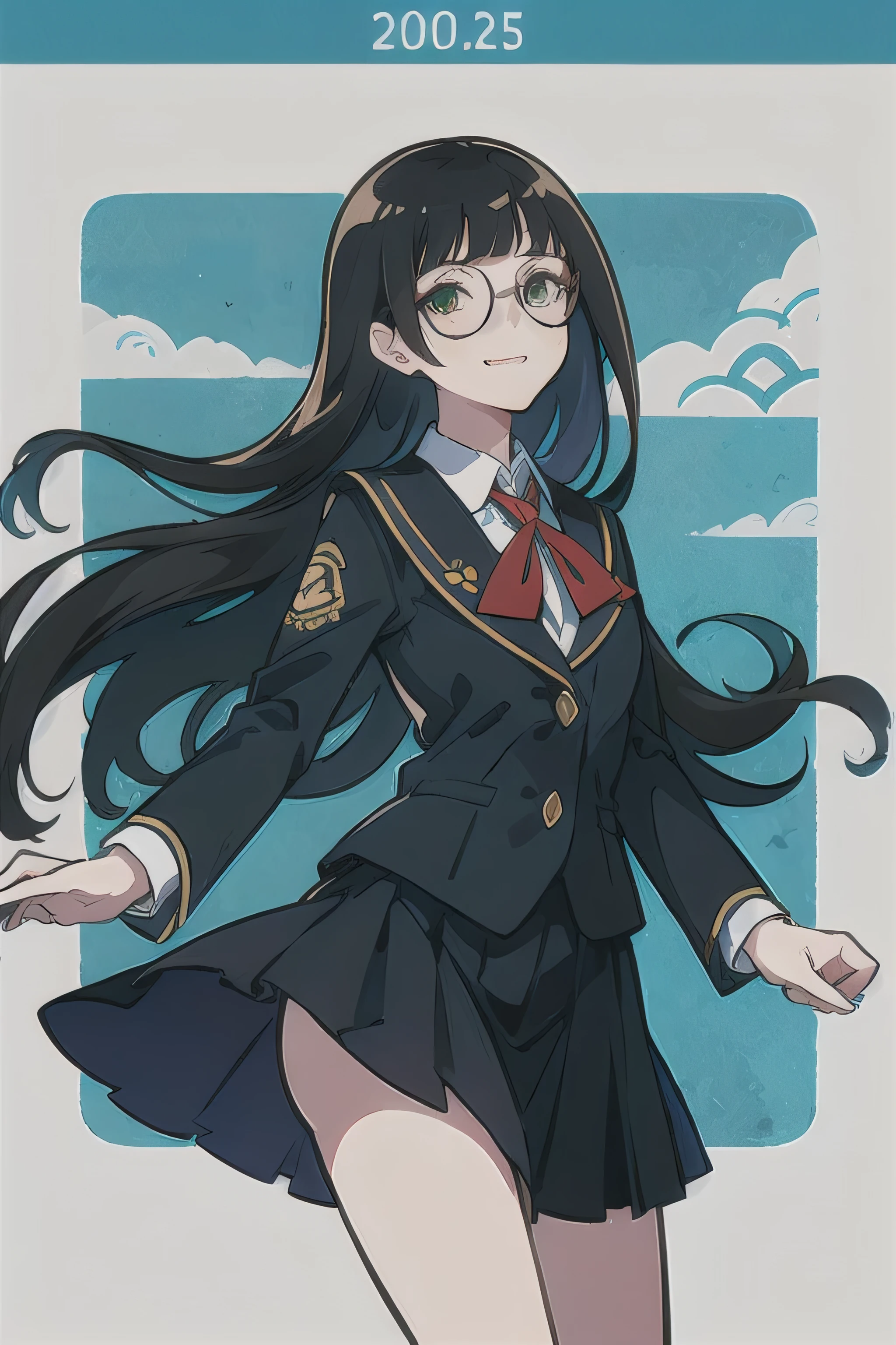 ((best quality)), ((work of art)), (detailed), perfect face, glasses, black_hair ((long hair)), smiling, green_eye, tilted forward, arms behind the back, school clothes, black blazer, thigh-length skirt, hands hidden, better quality, detalhed.